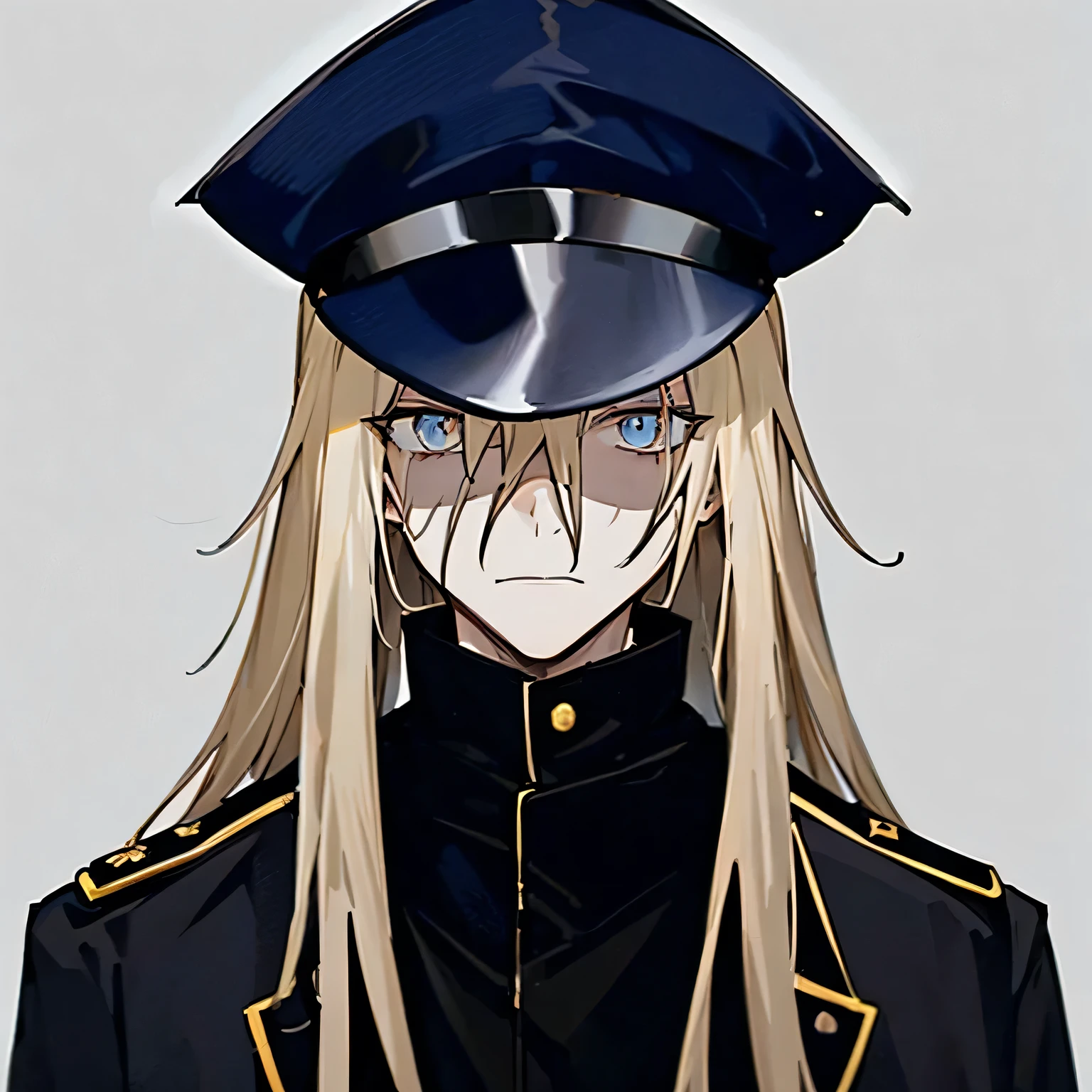 1man, anime, dark_blonde_hair, long_asymmetrical_bangs, standing, looking at the viewer from the right, withered_navy_police_uniform, loose_overcoat