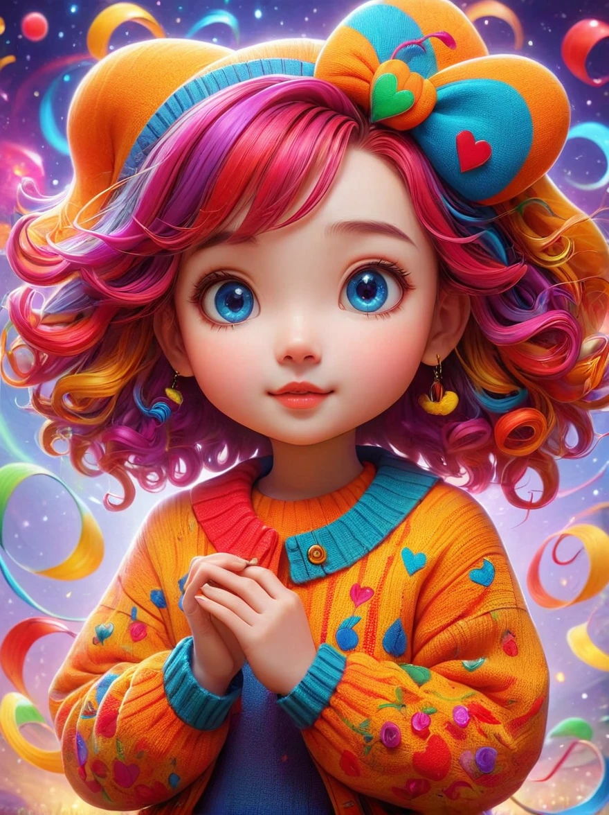 1girl, curls, Colorful sweater, solo, Colorful，Character Conception，cute，Bright colors，cute的艺术风格，cute的插图，cute的卡通，cute的人物，whole body，Color illustrations，Colorful的插图，Colors come in many colors，cute和细致的数字艺术，Color drawing，cute的卡通人物，cute的卡哇伊女孩，Beautifully detailed artwork, 1fkxc1
