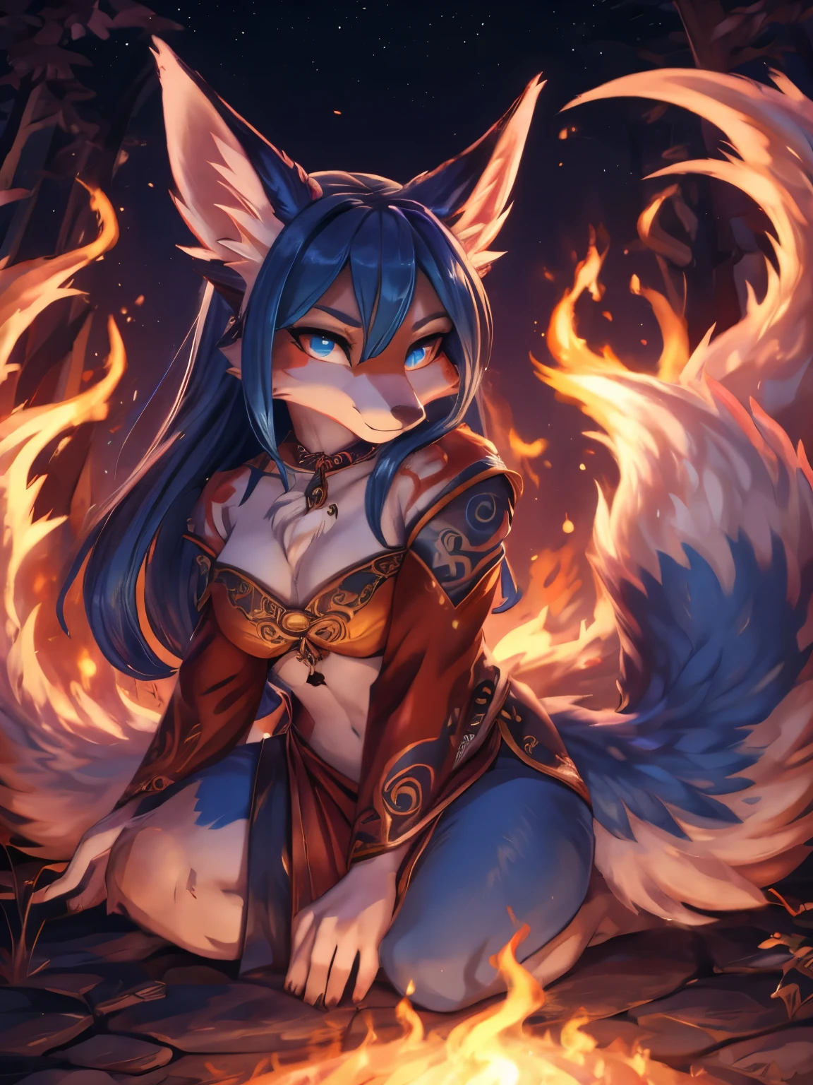 Azuna in hell, fire bending, kitsune ears, jardin zen, lanzando rayo azul