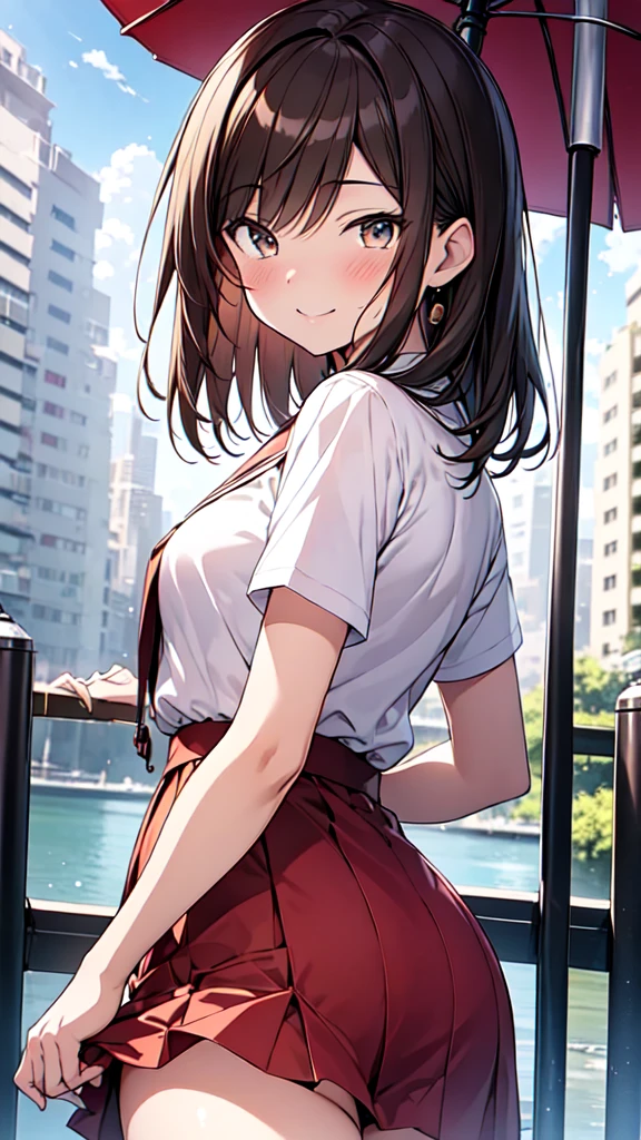 highest quality, masterpiece, Ultra-high resolution, 8k,Summer sky,Under the blazing sun,((Cool summer clothes)),Show anime style , One, Soft Line Art, Digital Enhancement, shojo anime touch, shojo manga core, Flowing fabric, close, Soft Drawing, Ultra-Definition Digital Anime Art, Clear facial depiction, Super detailed girl cartoon character art, Ultra-detailed manga style, highest qualityの色,
(Short brown hair), Wet Hair,Staring at us from the front,Beautiful brown hair, Clear brown eyes, Slightly chubby,Small breasts,The butt is small,(((Teasing Smile))),Hands,Urban buildings,Use a parasol,Intense sunlight,Look up at the sky