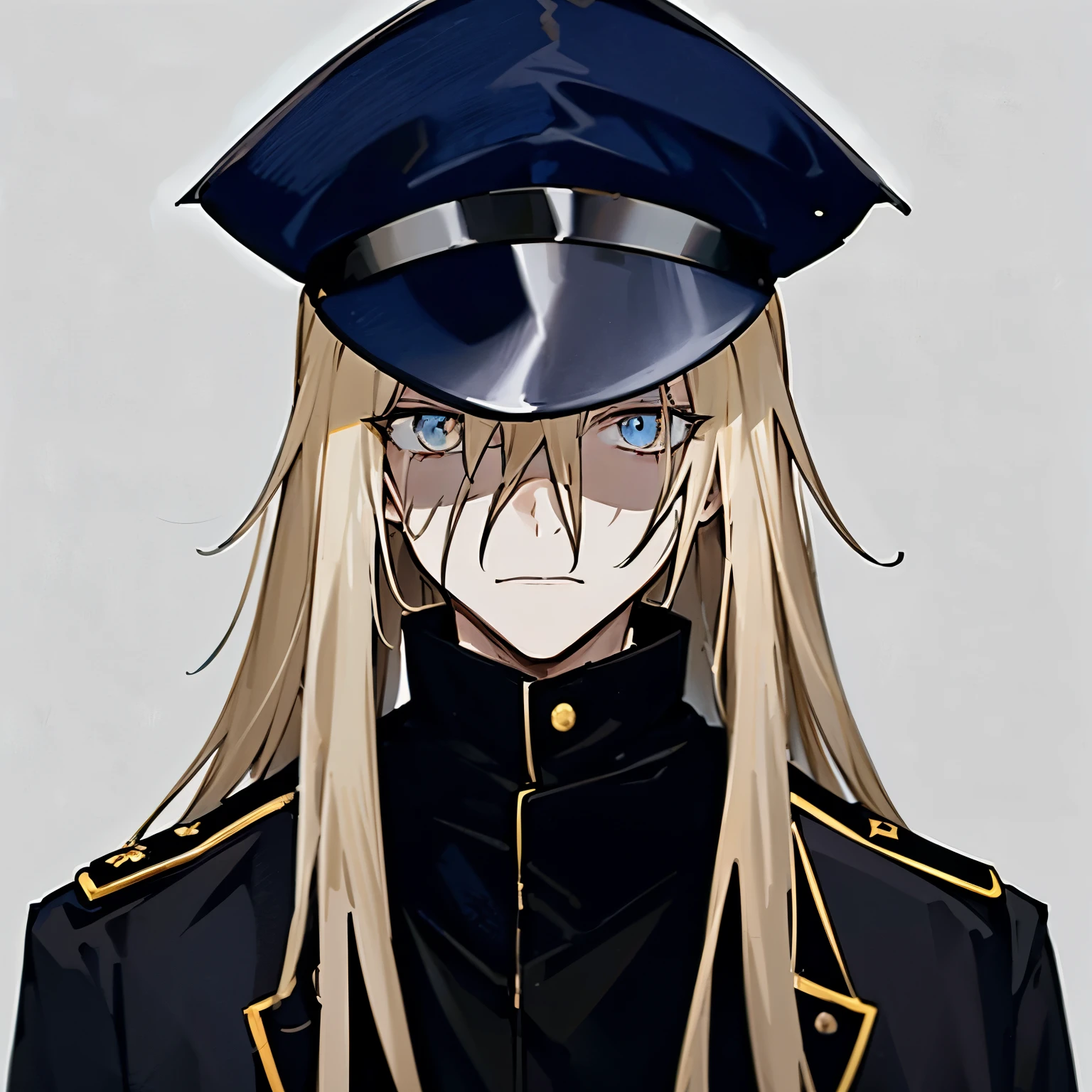 1man, anime, dark_blonde_hair, long_asymmetrical_bangs, standing, looking at the viewer from the right, withered_navy_police_uniform, loose_overcoat