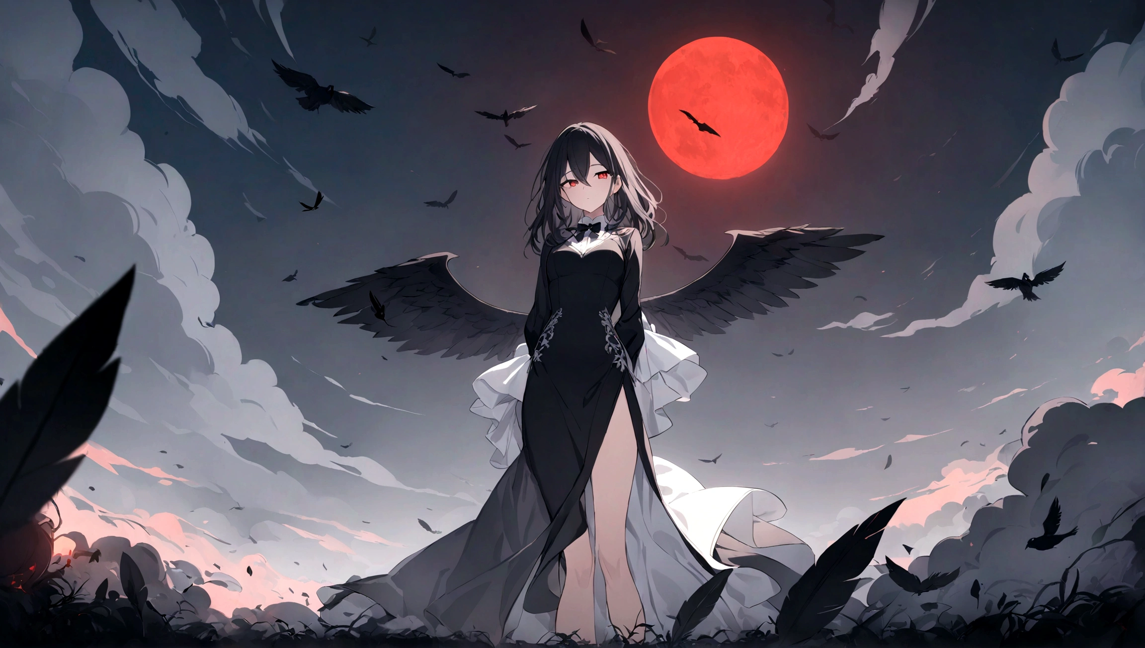 (((Masterpiece))),Best quality, Extremely detailed CG unity 8k, illustration, contour deepening beautiful detailed glow,(Beautiful detailed eyes), (1 girl:1.1), ((my)), Large top sleeve, Floating black ashes, Beautiful and detailed black, Red Moon, ((black cloud)), (Black wings) , the sky with clouds, Burning, Black dress, (Beautiful detailed eyes), The black face is expressionless, beautiful detailed white gloves, (crow), bat, (floating black cloud:1.5),White and black hair, Disheveled hair, Long bangs, hairs between eyes, Black knee-length heels, Black ribbon, white bowties, midriff,{{{half closed eyes}}},((Black fog)), Red eyes, (Black smoke), complex pattern, ((Black feathers floating in the air)), (((arms back behind)))