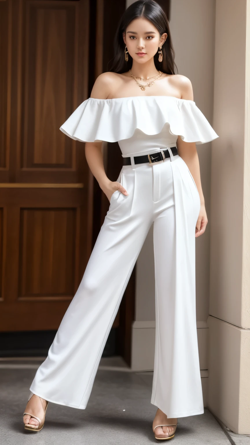 Masterpiece, Best Quality, ultra detailed, 1 girl, solo, perfect lighting, wearing Ruffled off-shoulder top, high-waisted wide-leg trousers, and platform sandals. Pair with a statement belt, layered pendant necklaces