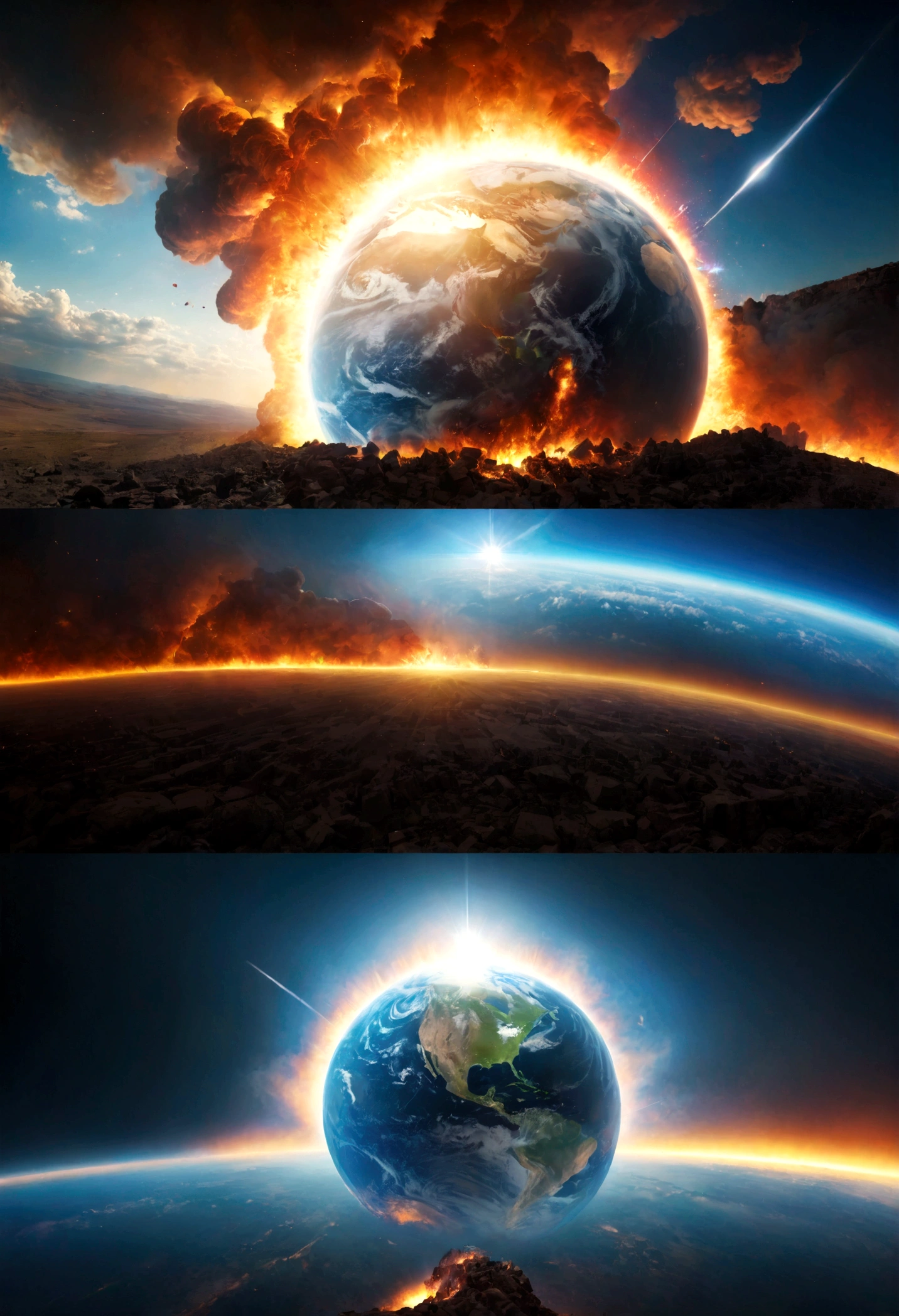 The Earth explodes, abuse of chromatic aberration, High resolution, Photorealistic, Depth of written boundary, Cinema Lighting, chromatic aberration, reflected light, blend, 135mm, 135mm, Nikon, Ultra Wide Angle, three views, Atmospheric perspective, Panorama, Portrait, 360 view, 135mm, 4K, 8k, 16k