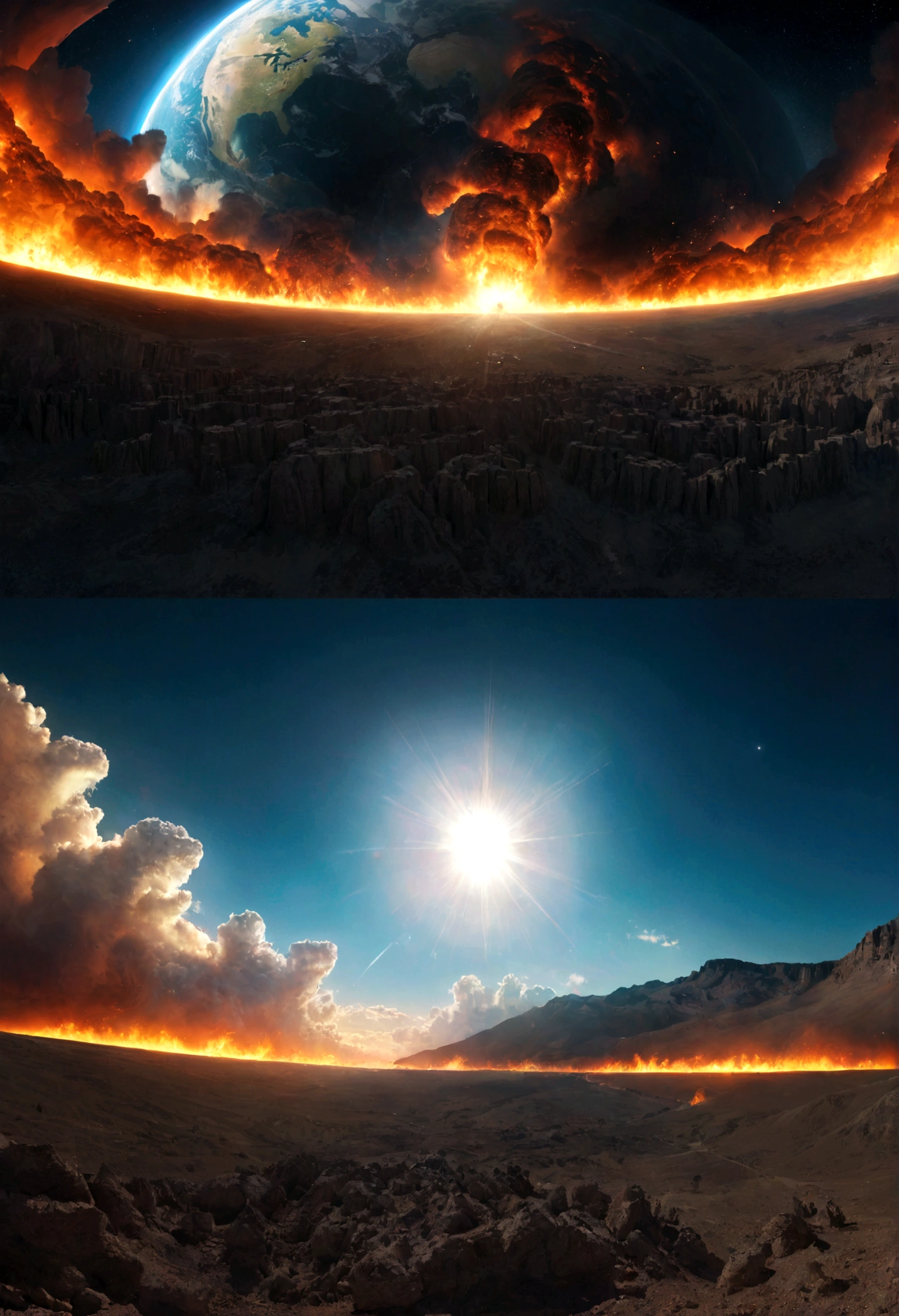 The Earth explodes, abuse of chromatic aberration, High resolution, Photorealistic, Depth of written boundary, Cinema Lighting, chromatic aberration, reflected light, blend, 135mm, 135mm, Nikon, Ultra Wide Angle, three views, Atmospheric perspective, Panorama, Portrait, 360 view, 135mm, 4K, 8k, 16k