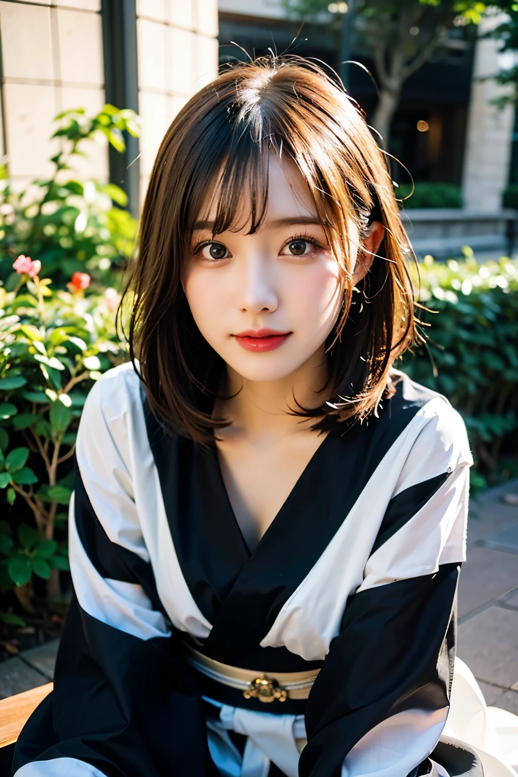 (8K, RAW photos:1.2), detailed face and eyes,best quality, Ultra A high resolution, very detailed ,intricate details ,table top ,a cute girl , Soft Film Lighting, hyper detailing,sharp focus, high quality, blonde hair, bob cut, yukata, outside, NSFW, spread legs, bright garden,