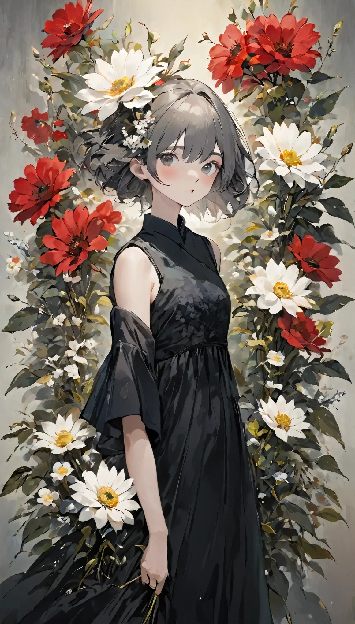 Beautiful woman、flower arrangement、Wabi-sabi art、Super detailed_face_Eye、非常に詳細なface、Black dress、White、grey、Red tones、parchment、抽象的flower arrangement、Three big flowers、surreal art、Silence、wallpaper、highest quality、Masterpiece、High resolution、8k