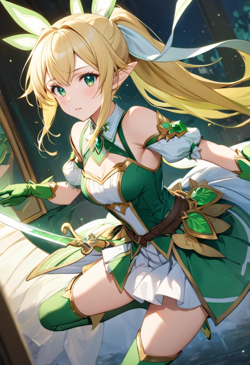 highest quality、unity 8k wallpaper、32k、masterpiece、Very detailed、Ultra-high resolution、Very detailedな顔、RAW Photos、Professional、Ultra-fine painting、Magical Fairy Swordsman Leafa、Blonde long hair、White Hair Ribbon、Green Eyes、Green magical girl costume、Blonde ponytail、White Hair Ribbon、Yellow ribbon with a large emerald brooch、White pleated skirt with green lines、Green and yellow long gloves、Green thigh-high stiletto heel boots with gold molding、