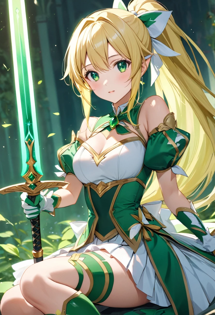 highest quality、unity 8k wallpaper、32k、masterpiece、Very detailed、Ultra-high resolution、Very detailedな顔、RAW Photos、Professional、Ultra-fine painting、Magical Fairy Swordsman Leafa、Blonde long hair、White Hair Ribbon、Green Eyes、Green magical girl costume、Blonde ponytail、White Hair Ribbon、Yellow ribbon with a large emerald brooch、White pleated skirt with green lines、Green and yellow long gloves、Green thigh-high stiletto heel boots with gold molding、