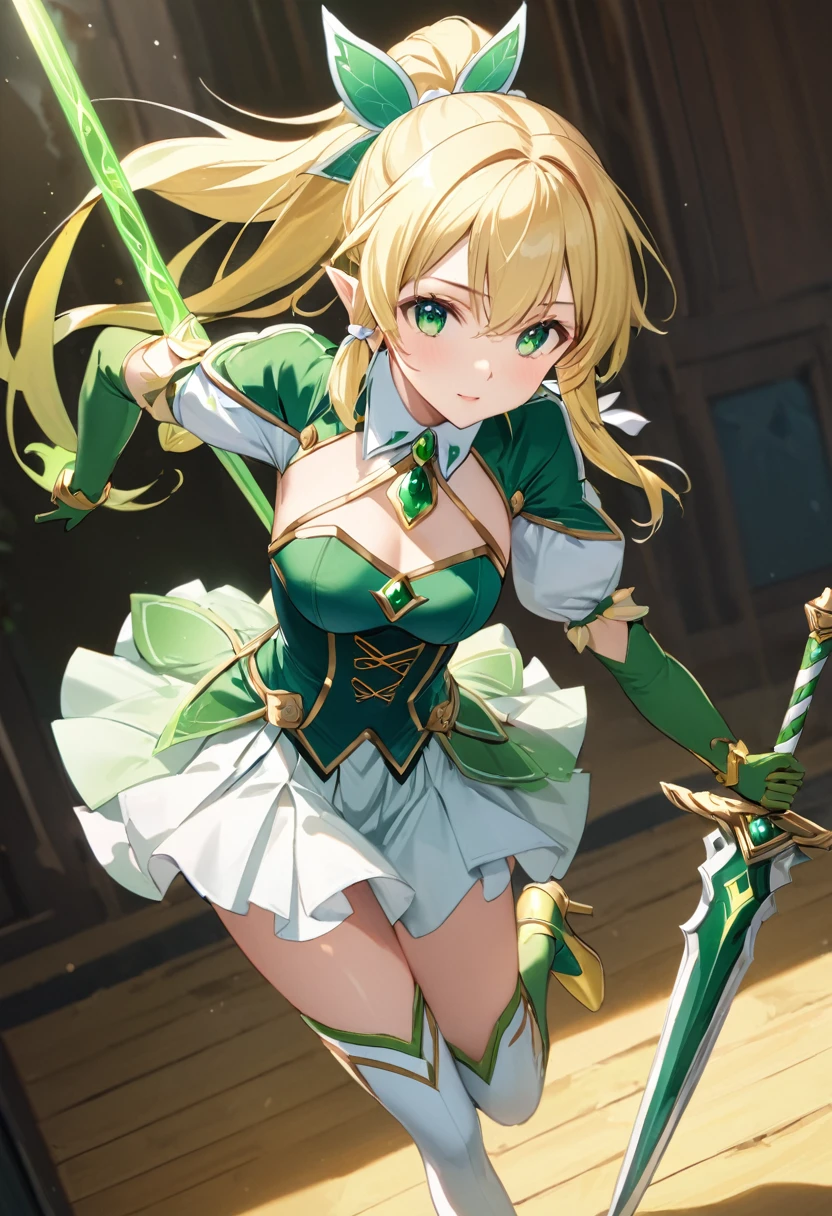 highest quality、unity 8k wallpaper、32k、masterpiece、Very detailed、Ultra-high resolution、Very detailedな顔、RAW Photos、Professional、Ultra-fine painting、Magical Fairy Swordsman Leafa、Blonde long hair、White Hair Ribbon、Green Eyes、Green magical girl costume、Blonde ponytail、White Hair Ribbon、Yellow ribbon with a large emerald brooch、White pleated skirt with green lines、Green and yellow long gloves、Green thigh-high stiletto heel boots with gold molding、