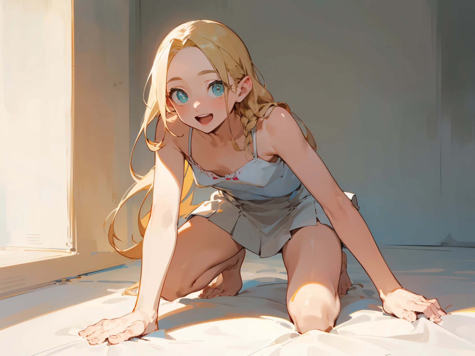 (masterpiece), ((best quality)), (super detailed), (beautiful eyes beautiful details eyes, Clean and delicate face), (whole body, wariza, leaning forward), Single Braided blonde hair, parted bangs, forehead, cool smile, open mouth, white camisole and white mini skirt, thigh, barefoot