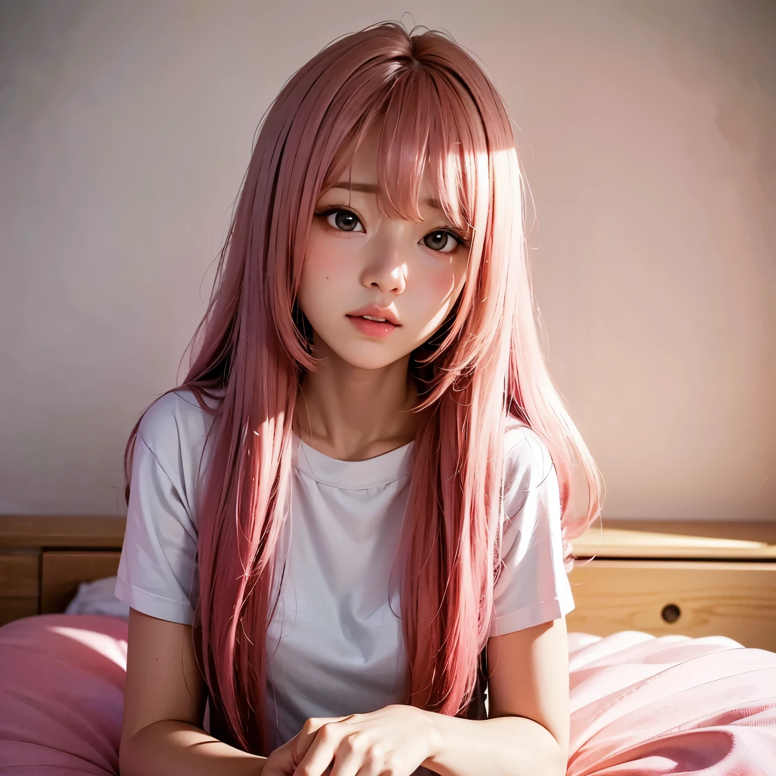 a cute girl with, pink and long hair, wearing t-shirt, in bedroom, looks at the camera, by style of onii kei, dreamy and romantic, light gray and light amber, jagged edges, light teal and light red, timeless beauty, 8k