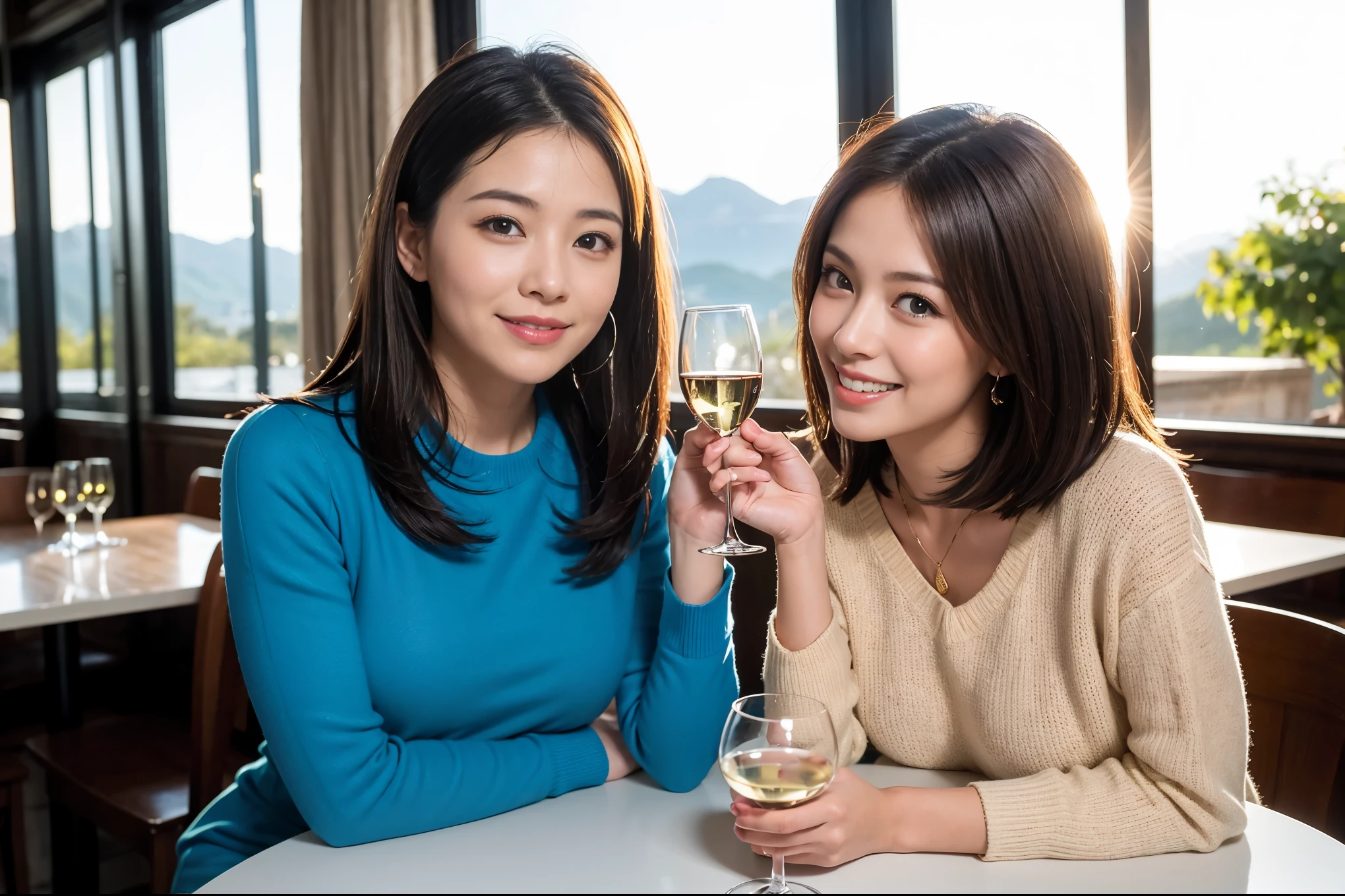 ((highest quality、8k、masterpiece:1.3))、1 male、1 female、Couple、Spouse、Satomi Ishihara-like beautiful couple、The body is slim、((Bob Hale、Straight hair:1.2)), (Realistic, Intricate details:1.2), Wine glass on the table、Shine light on your face、 Amazing view of the sunset sky and clouds、Amazing mountain views、A bright smile、The wonderfulness of smile、Bright image、The beauty of wine, Beautiful Face, blue eyes, The light shines on your face, Blushing, short hair,Bright Face、 (43 years old), 39 years old, red wine 、Appetizers、Italian food、Wine bottle、Champagne、sparkling wine、Two beauties、Brown Hair、Shortcuts、Long sleeve shirt、dress、Pretty Woman 1, (Slim face), (The body is slim), (Brown Hair), (Shortcuts), cheeks turn a little red,Attractive beauty、restaurant, In a prominent place (From the waist up) Nova Frog Style, actress, model, Upper Body, White wine, slim, wine glass, A wine glass placed in the center, smile, (smile: 1.15), Beautiful fine grain, Depth f/2,saturation, High Contrast, Strong light and shadow,Moist Body:1.5、3D texture、Delicate eyes、Brown Hair、The hair is very shiny、