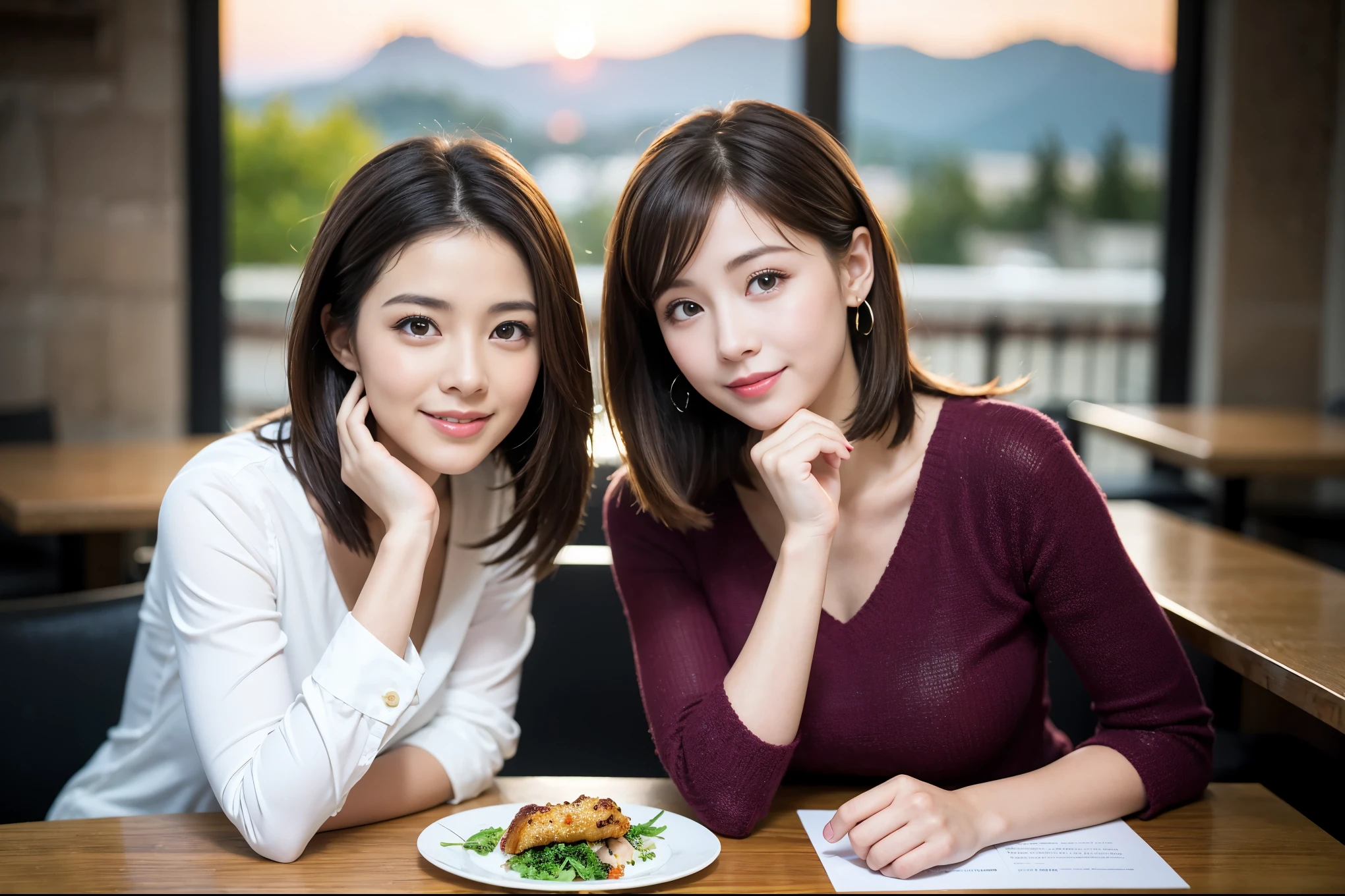 ((highest quality、8k、masterpiece:1.3))、1 male、1 female、Couple、Spouse、Satomi Ishihara-like beautiful couple、The body is slim、((Bob Hale、Straight hair:1.2)), (Realistic, Intricate details:1.2), Wine glass on the table、Shine light on your face、 Amazing view of the sunset sky and clouds、Amazing mountain views、A bright smile、The wonderfulness of smile、Bright image、The beauty of wine, Beautiful Face, blue eyes, The light shines on your face, Blushing, short hair,Bright Face、 (43 years old), 39 years old, red wine 、Appetizers、Italian food、Wine bottle、Champagne、sparkling wine、Two beauties、Brown Hair、Shortcuts、Long sleeve shirt、dress、Pretty Woman 1, (Slim face), (The body is slim), (Brown Hair), (Shortcuts), cheeks turn a little red,Attractive beauty、restaurant, In a prominent place (From the waist up) Nova Frog Style, actress, model, Upper Body, White wine, slim, wine glass, A wine glass placed in the center, smile, (smile: 1.15), Beautiful fine grain, Depth f/2,saturation, High Contrast, Strong light and shadow,Moist Body:1.5、3D texture、Delicate eyes、Brown Hair、The hair is very shiny、