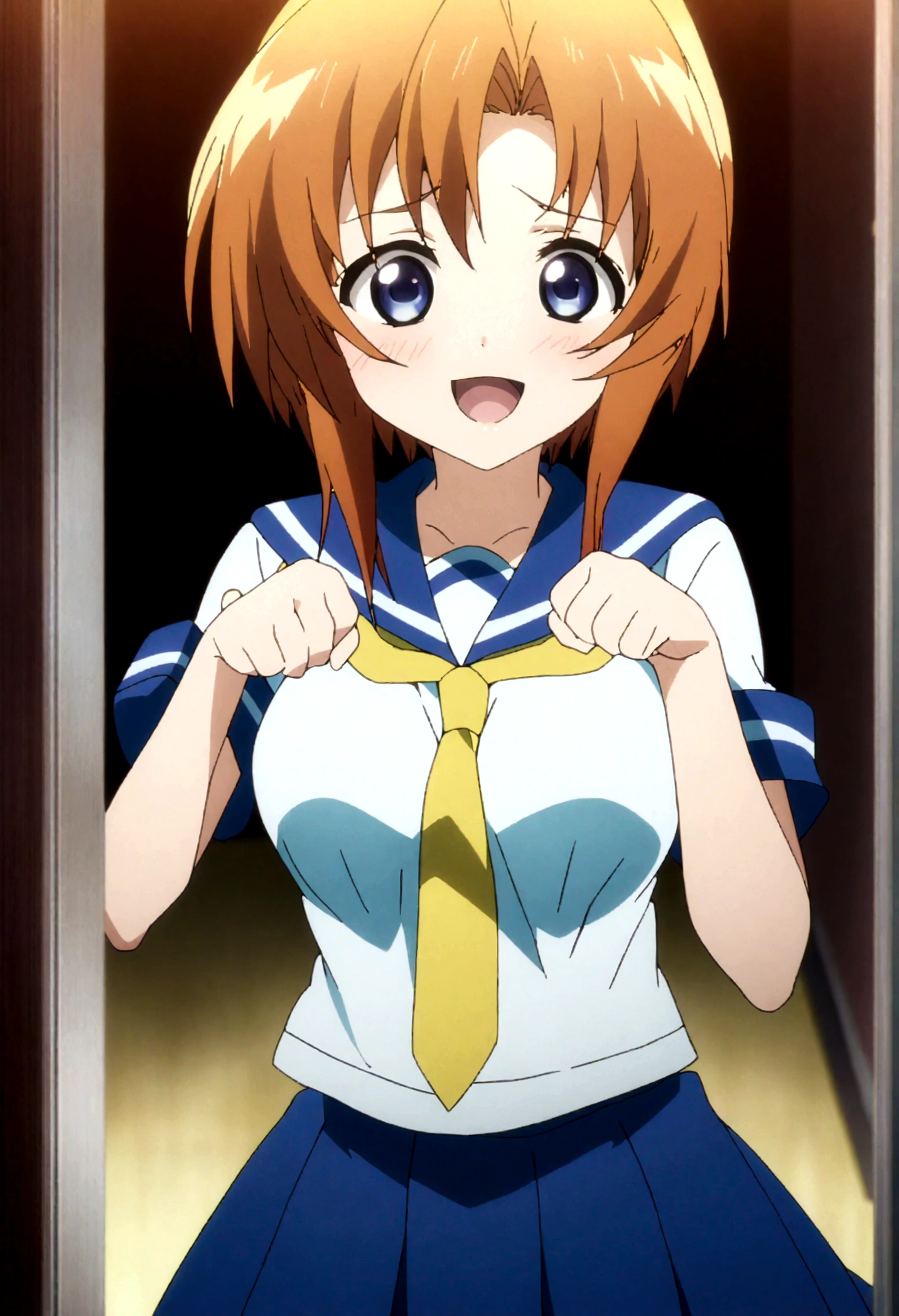 score_9, score_8_up, score_7_up, score_6_up, source_anime, , 1girl, ryuuguu rena, solo, teenage, kawaii, breasts, medium breasts, blue eyes, blush, open mouth, orange hair, short hair, big breasts, simple background, white background, blue , serafuku, skirt, smile, pleated skirt, blue skirt, necktie, yellow necktie,paw pose,straight-on,anime screencap, anime coloring,(best quality),(aesthetic,very aesthetic),anime keyvisual,sharp focus,depth of field,,professional lighting,cinematic lighting,