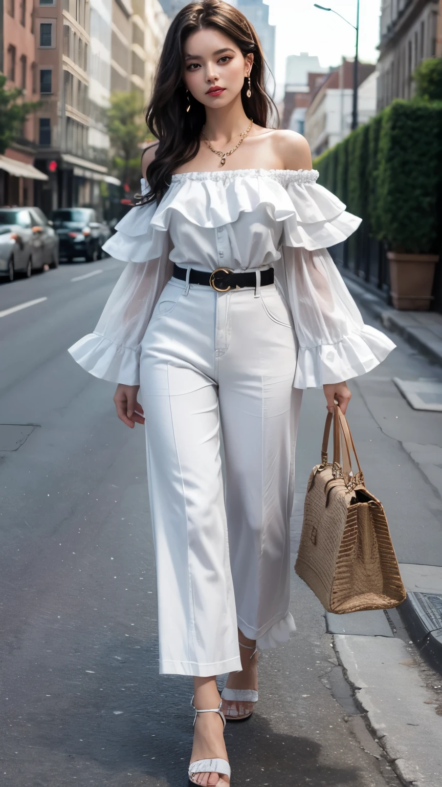 Masterpiece, Best Quality, ultra detailed, 1 girl, solo, perfect lighting, wearing Ruffled off-shoulder top, high-waisted wide-leg trousers, and platform sandals. Pair with a statement belt, layered pendant necklaces