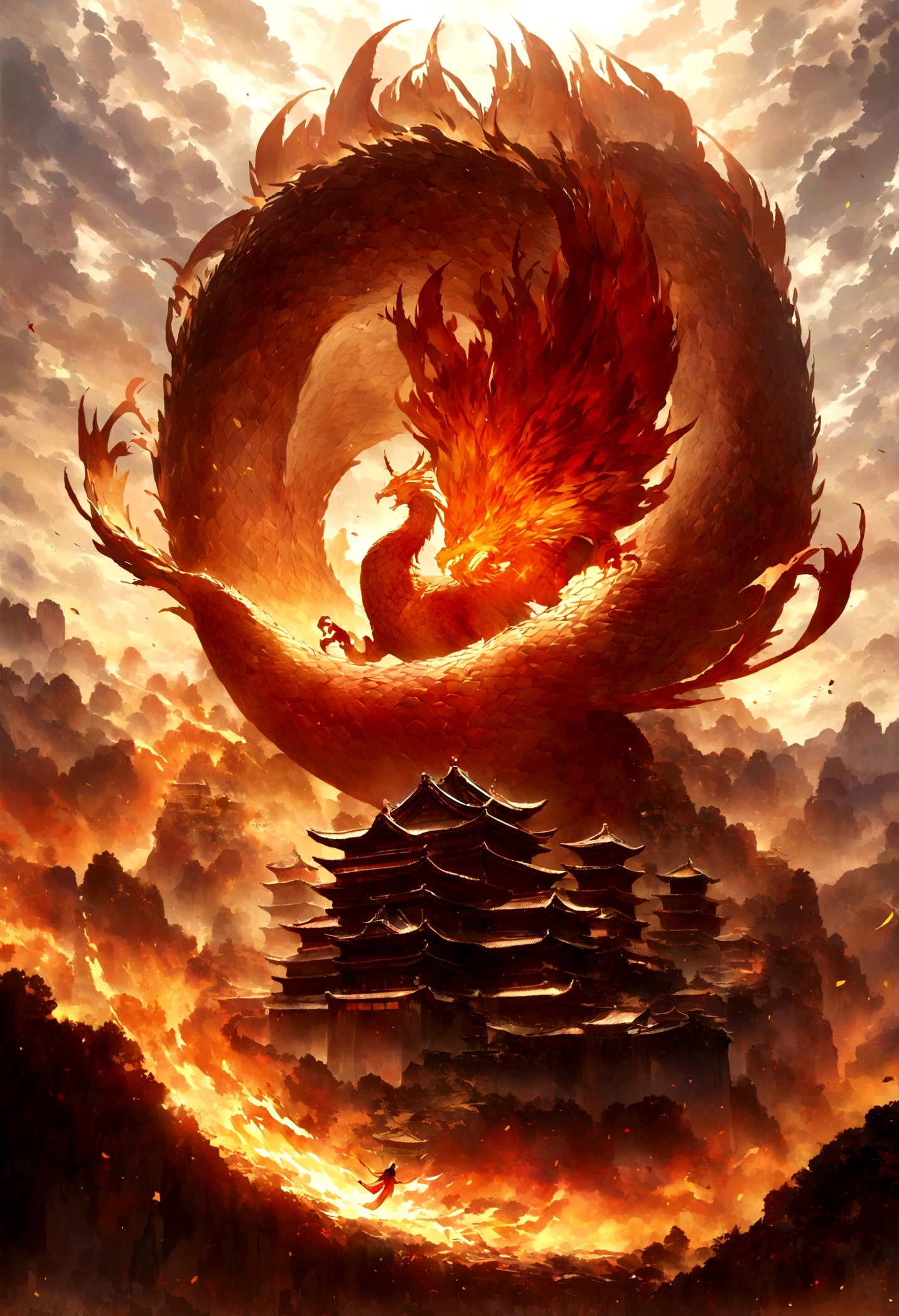 Chinese temple architecture，Towering over the landscape，The dragon coiled，A giant phoenix takes flight