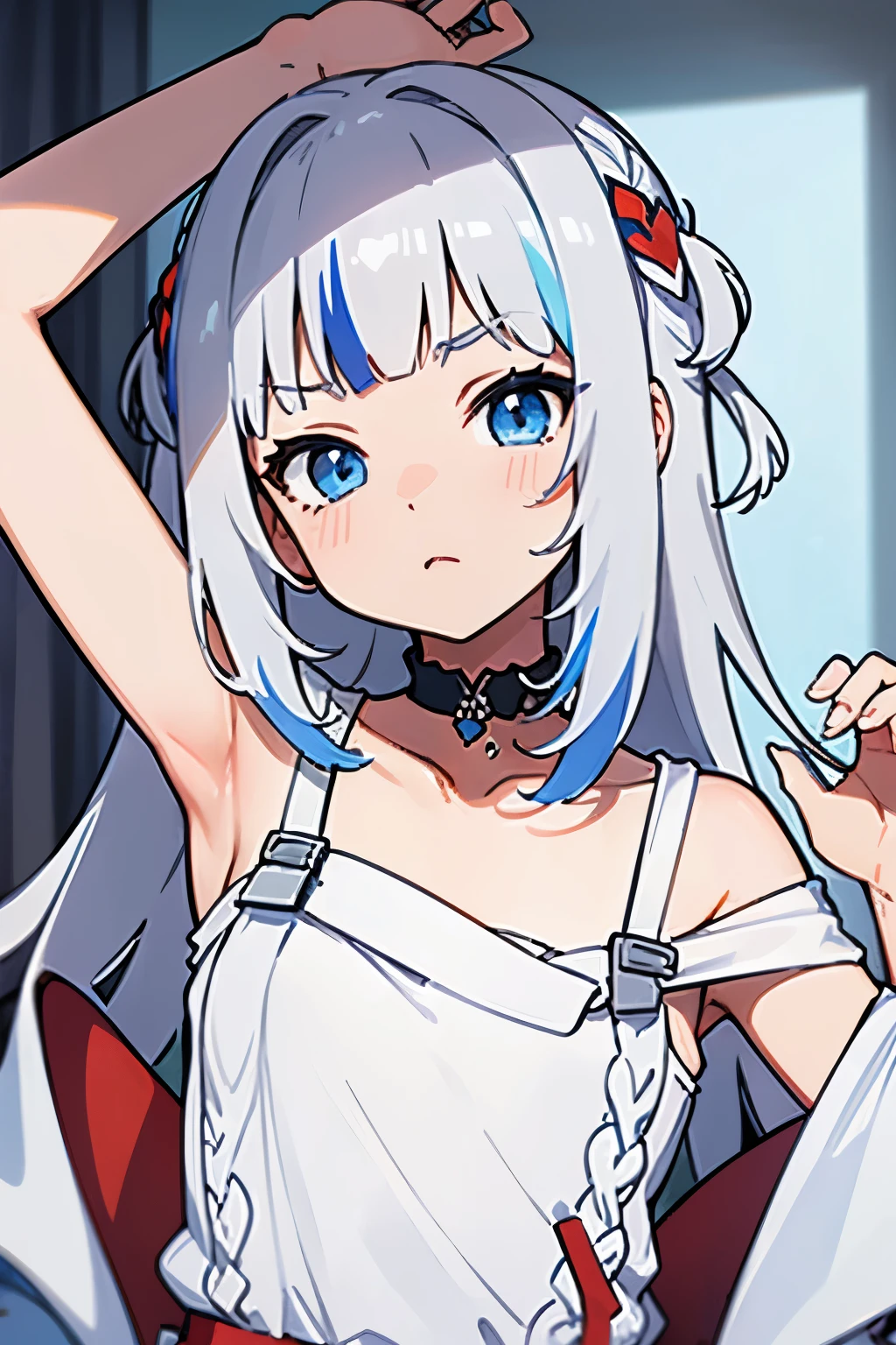 masterpiece, best quality, gwar gura.off shoulder-sweater. armpitpeek.armpit. flat. cute . young.cloth fell off.