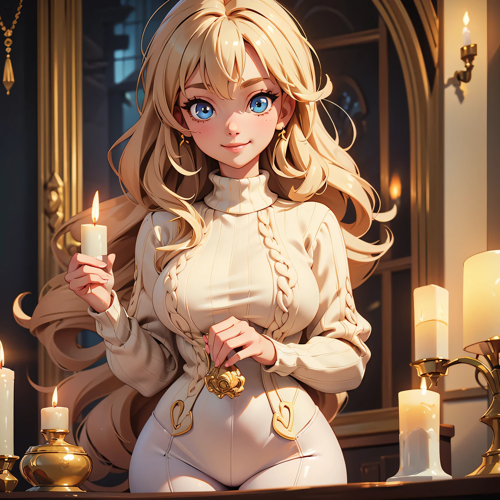 Girl，big eyes，Light hair，sweater，Big boobs，Big Ass，Tights，Cute face，Good shape，Exquisite details，Exquisite eyes，Delicate hands，Character portrait，Fine hair，Masterpiece，Highest quality，Smile，happy，Candle in hand，Warm atmosphere