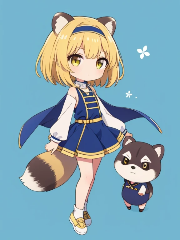 1girl,gold hair,gold eye,short bob,bang hair,gold one piece,chibi,attitude of caution, full body,blue background,white headband,simple background,gold shoes,green wind fairy,with the raccoon dog