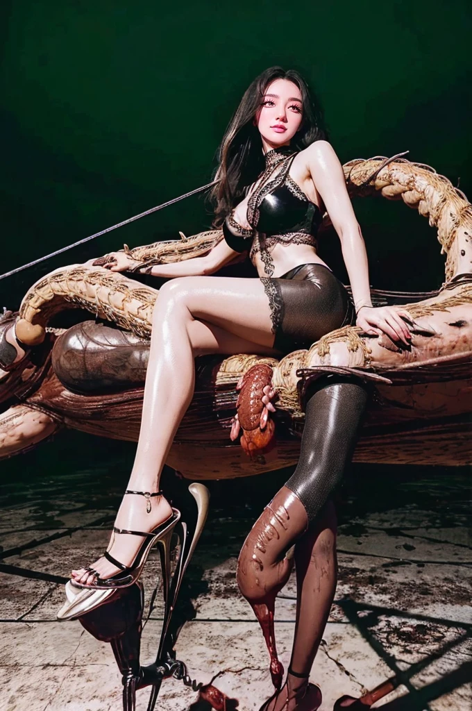The beautiful girl in lace top and leggings is sitting astride a pile of skeletons in the center of the picture. She is holding a trembling sausage with juice squeezed out in her hand and smiling. There are multiple comic storyboards in the background,cbt, sausage bondage,sausage insertion,Sexy, trampling sausage with high heels heel,(masterpiece, best quality:1.2),1 beautiful girl,sexy,comic storyboard:2, leggings, sit astride, axially symmetrical:2, ,femdom,sounding,cbt,hold,smile,colorful,leggings,thin gap,cameltoe,insertion,trembling,juice,spray, Long hair,Lace top,Sexy, Shiny leggings, High heel,cleveage, trampling, in forest, saliva , Mucus,