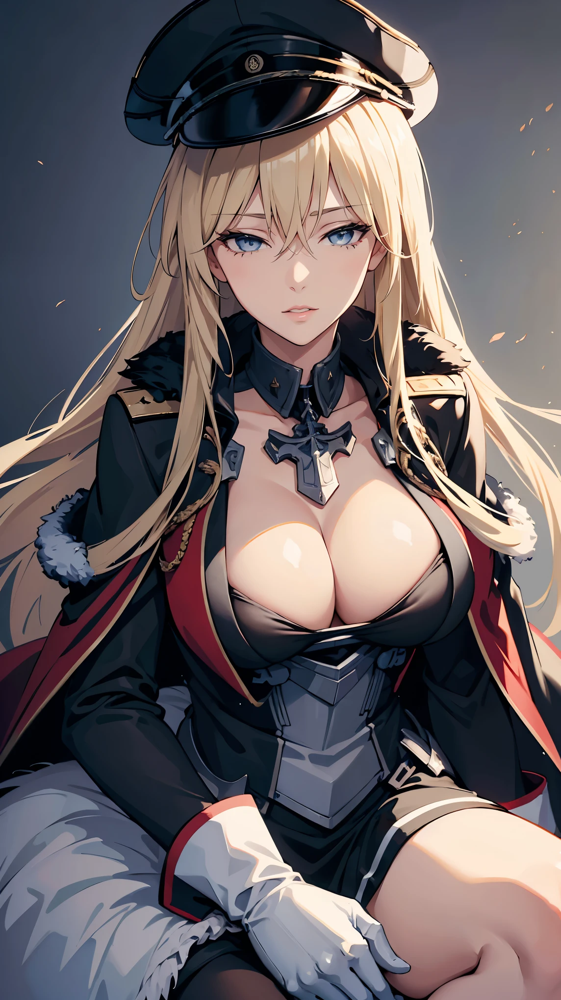 (masterpiece, best quality:1.2),illustration,8k,hd,1girl,solo,upper body,(portrait:1.2),blonde_hair,long_hair,blue_eyes,large_breasts,hat,peaked_cap,hair_between_eyes,cape,military_uniform,fur_trim,black_headwear,cleavage,military_hat,fur-trimmed_cape,bangs,skirt,white_gloves, bismarck azur lane, mature woman,cinematic, 4k resolution, high quality