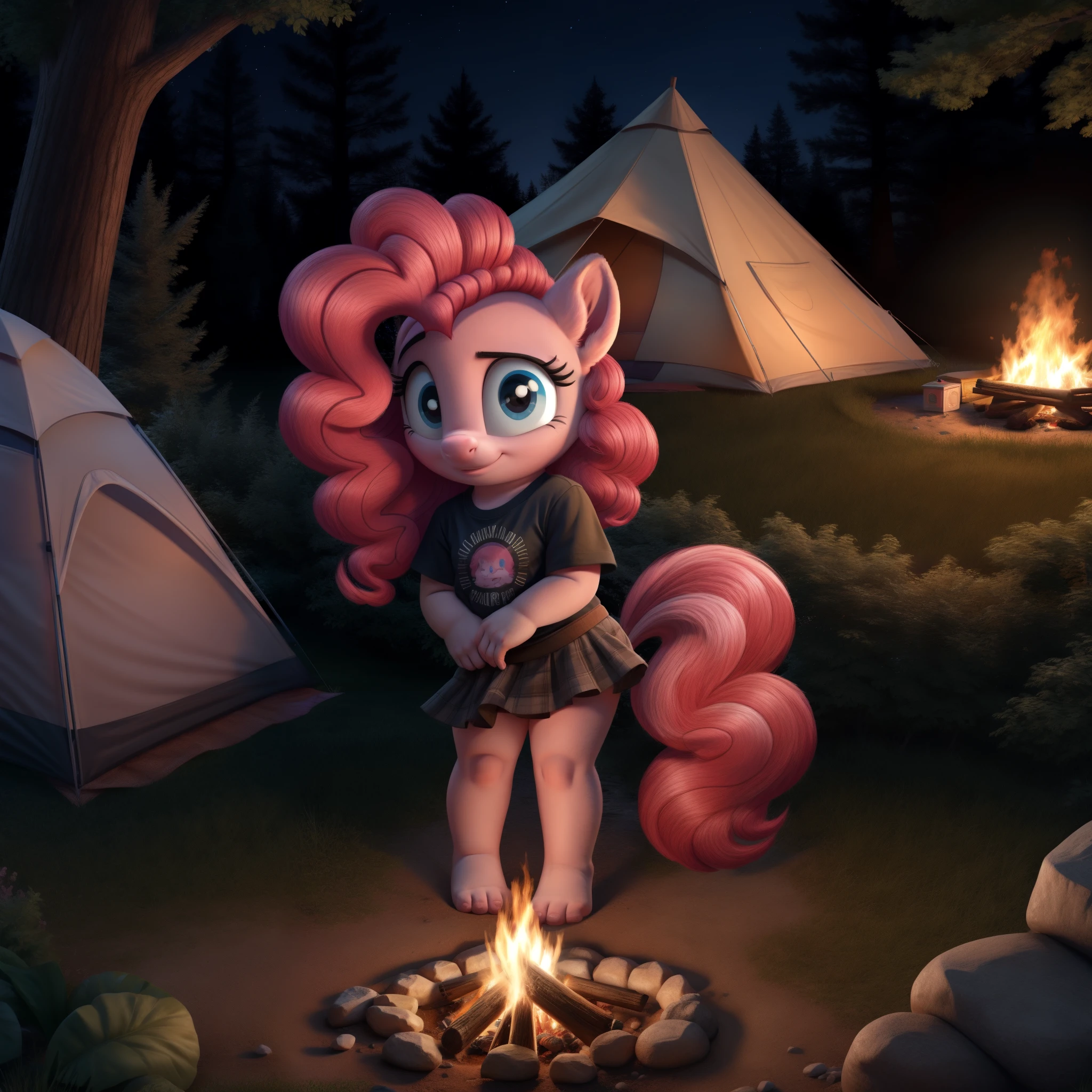 pinkie pie,  girl, skirt lifted, white panties, black t-shirt, forest, night, campfire, tent on the background