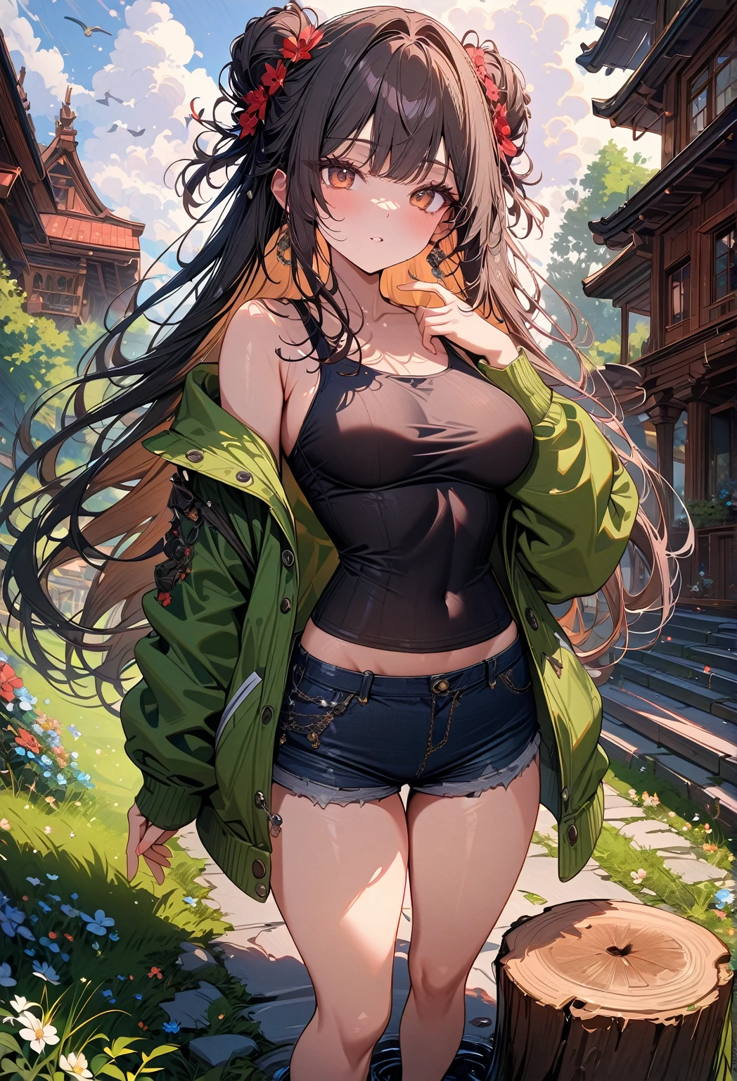(best quality, absurdres, top details, high quality, very aesthetic, detailed, highest quality, newest, highres, ultra fine painting, masterpiece:1.2), digital art, 4k, 8k resolution, 8K CG wallpaper, CG, detailed background, blurry background, high resolution, epic lighting, RAW photo, POV, sharp focus, professional photography, good lighting, soft light, soft colors, looking at viewer, detailed lights and shadows, stylish, ultra-detailed, Pixiv, trending art, niji style, modern-days, master crafted, pose, (top quality, details:1.37), solo, 1girl, a girl, (medium big breasts:1.2), tight bust, big thighs, short torso, flushtered, casual, (innocent face, cute, slim), nice hips, nice body, brown hair, (long flowing hair:1.2) , twin buns hairstyle, long bangs, long hair, middle hair bangs, brown eyes, full body, ((black string tanktop:1.2), tummy skin, glossy skin, off shoulder open green hoodie, shorts), flower garden, grass, flowers, sun, tress, plants, puddle, birds, animals, clouds, branches, tree log, tree stump, outdoor, landscape, open field, forest area, no houses, no infrastructure, no house roofs