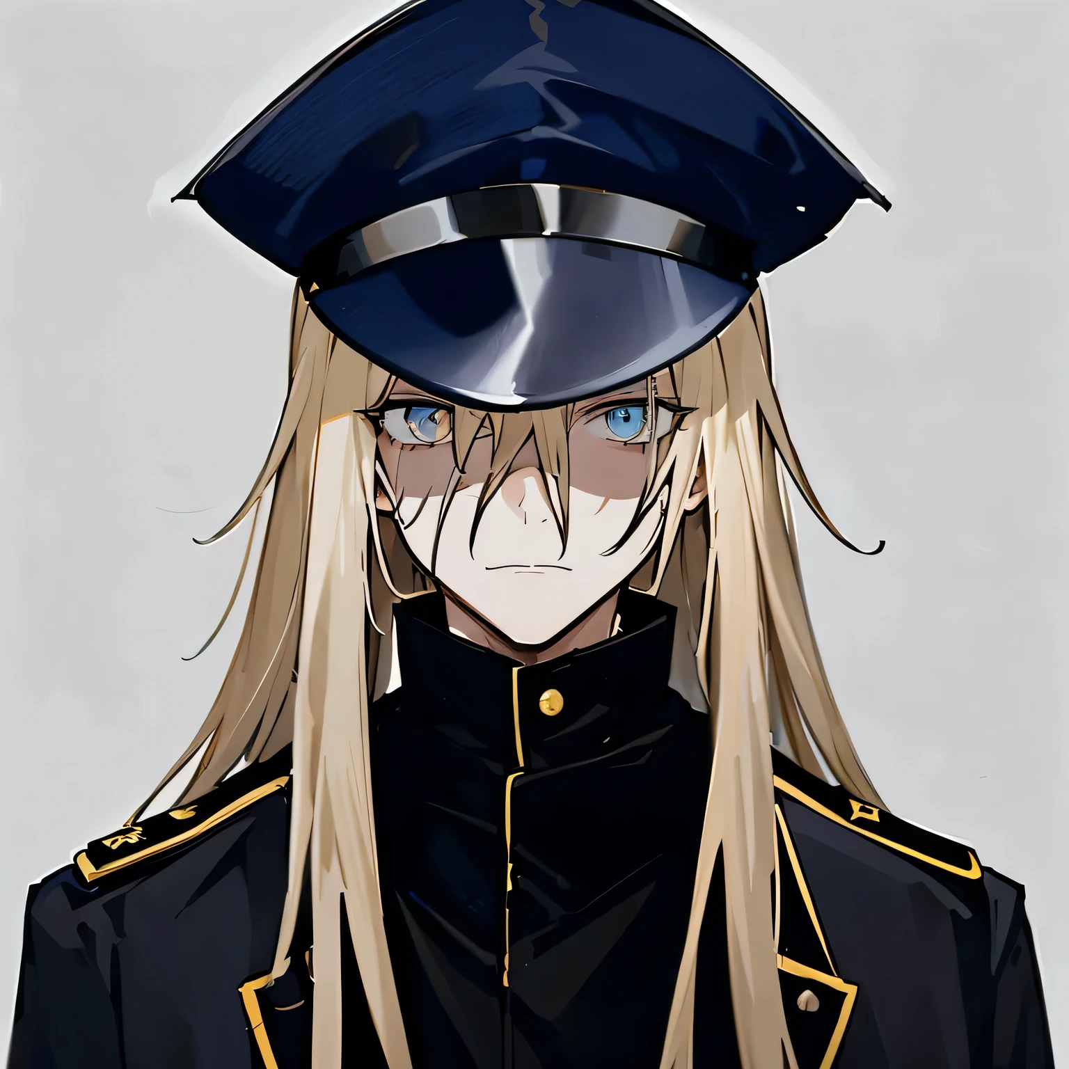 1man, anime, dark_blonde_hair, long_asymmetrical_bangs, standing, looking at the viewer from the right, withered_navy_police_uniform, loose_overcoat