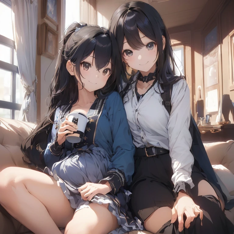 (Tabletop, highest quality, Capture the cutest moment, Depth of written boundary, Ultra-detailed, Ultra-high resolution, c4d, Octadale, 3D Modeling, 8k, One Girl、Age 25、Black-haired、Straight Hair、Light brown eyes,hair ornaments、Blue jacket、Black trousers、(smile)、(Watching the baby)、(In the living room)、(Sit on the sofa)、(隣で寝ているBlack-haired赤ちゃん)(Girl is drinking coffee)
