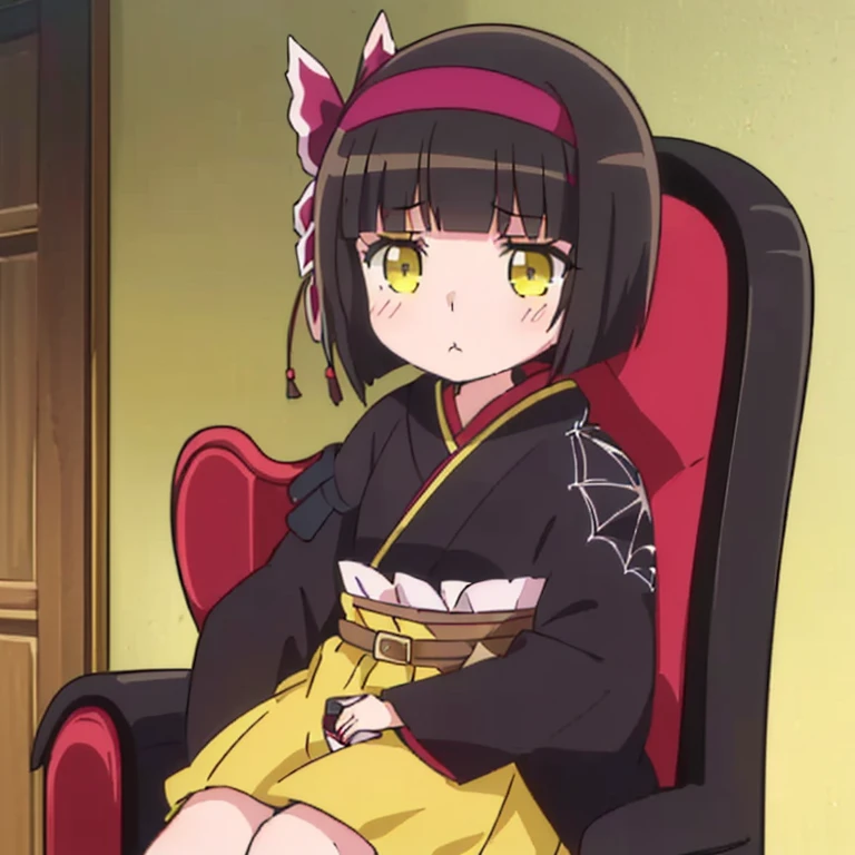 (((two girls))) Sydney (((chibi))) ((girl in yellow dress, wearing helmet with yellow ears, anime, sitting on chair drinking coffee.))
Blake.
(((Short black hair, red flower hairpiece, yellow eyes, woman standing in black kimono with spider web painted on shoulder)))