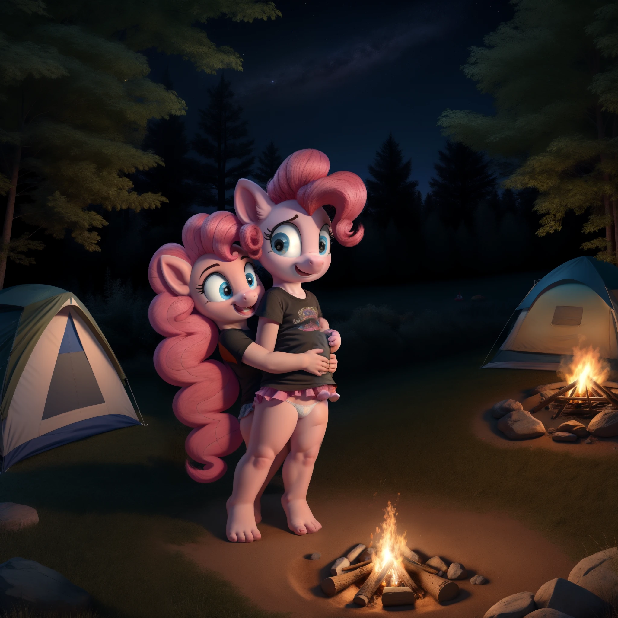 pinkie pie,  girl, skirt lifted, white panties, black t-shirt, forest, night, campfire, tent on the background