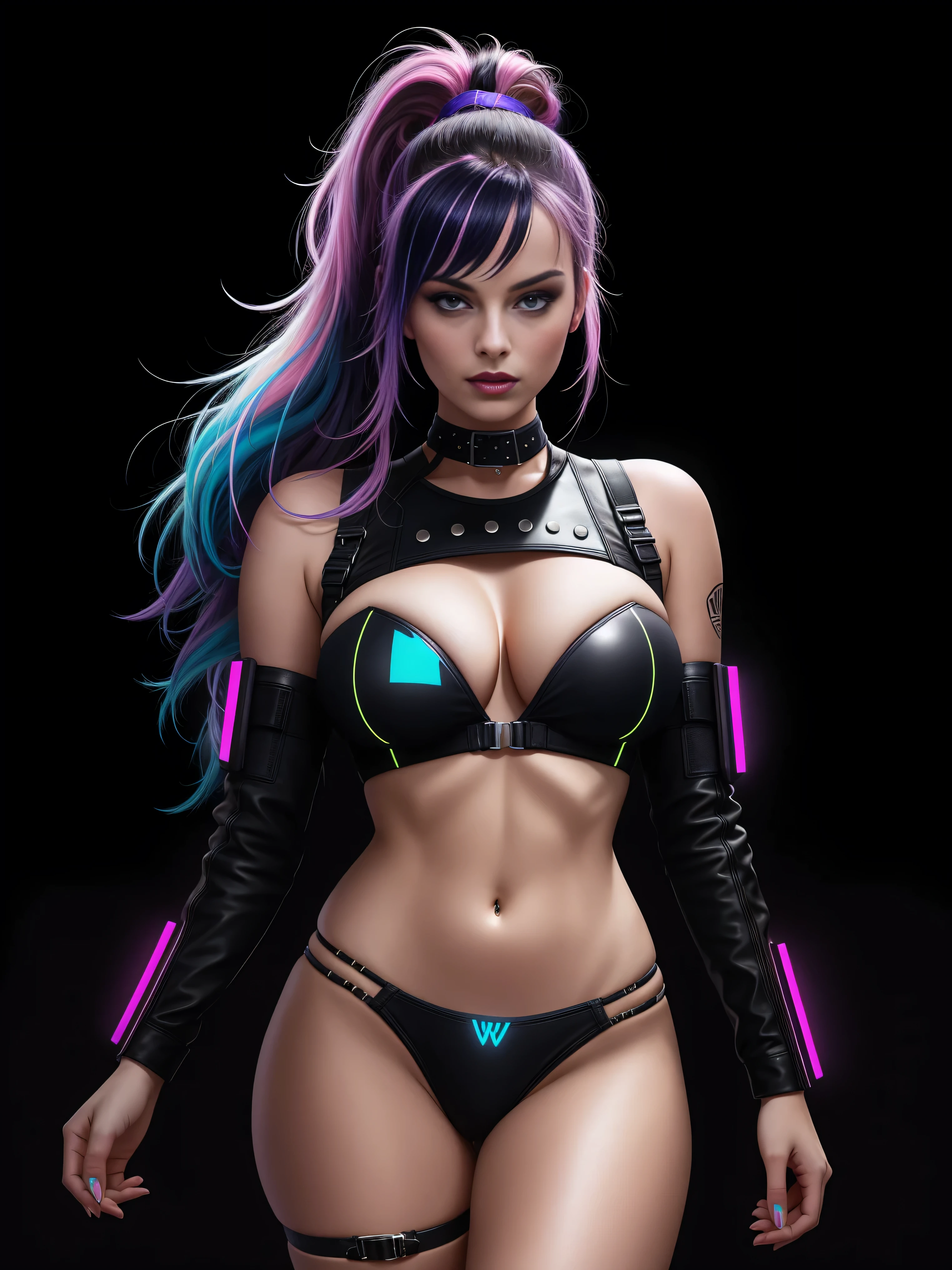 there is Margot Robbie, navy blue and bright purple neon streaked hair, hair in pony tail, 3 d neon art of a womans body, neon-noir background, cyberpunk femme fatale, seductive cyberpunk dark fantasy, cyberpunk strip clubs, cyberpunk 20 y. o model girl, oppai cyberpunk, banner, high definition cgsociety, cgsociety masterpiece, trending on cgstation, kda, random hair, looking at camera, gigantic breasts, cleavage, (high detailed skin:1.2), 8k uhd, dslr, super lighting, high quality, film grain, high res, highly detailed, hyper realistic, beautiful face, beautiful body, beautiful eyes nose lips, alluring expression, very bold, upper visible, full body photo, standing legs apart, pale translucent glowing skin, most beautiful face, cute, (well defined pubic hair:1.2)), (dark plain black background:1.4))