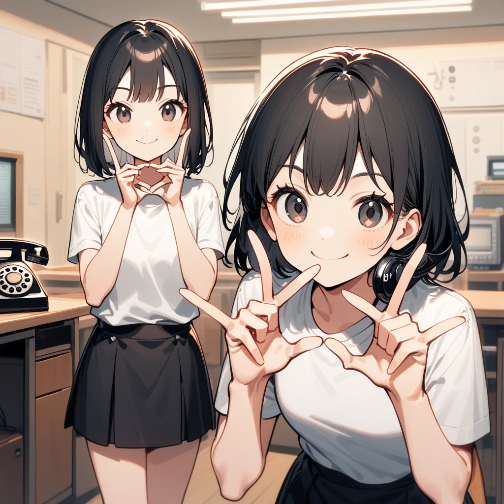 A confident smile, Making a peace sign,two students demonstrating a gesture commonly associated with a peace sign while speaking by teleTelephone, skirt, Black Hair, indoor, in, Telephone, shirt, ((((complete fiine fingers))))