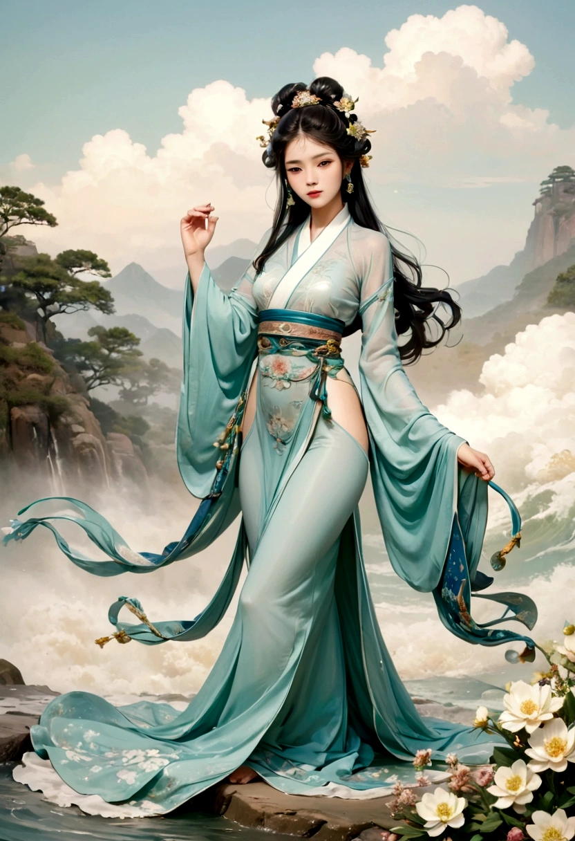 (full body photography)(((masterpiece))), Best quality, Illustration, Beautiful details, the goddess of water dancing gracefully in the water dressed in a goddess-worthy clothing with matching headdress and jewelry. turquoise-green water, waves beat high whipped up into beautiful shapes that flow , asian beauty, delicate face , extremely long black-indigo hair with headdress in hanfu style with flowers, mythologie, shinto, hanfu, komplette figur im bild, nachtszene, vollmond, 