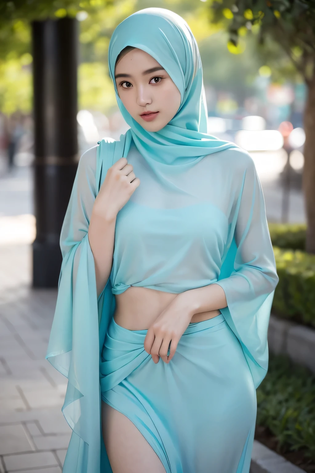 Young japanese wearing hijab, Turquoise color hijab, nighttime, front view, slim, slim abs, small waist, big hips, thick thighs, bright lighting, white lighting, detail moist skin pore texture, wrinkles, mole below eyes, bokeh, sexy body, wearing detailed hijab with transparent long dress silky close moslem clothes, realistic skin, seductive pose, seducing, sensually model pose, looking viewers, soft focus face, magazine cover, hyper realistic photos. Photo taken with Fujifilm XF 56mm f/1.2 R Lens. 35mm, high detailed, wallpaper quality, good anatomy, body, hand & fingers (lora:add_detail:0.8)