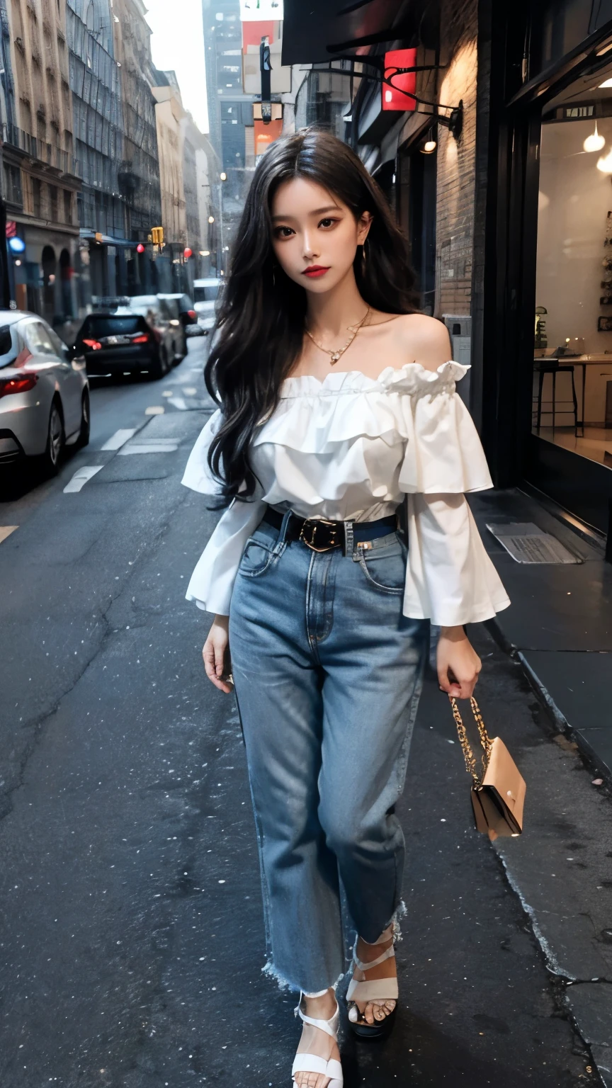 Masterpiece, Best Quality, ultra detailed, 1 girl, solo, perfect lighting, wearing Ruffled off-shoulder top, high-waisted wide-leg trousers, and platform sandals. Pair with a statement belt, layered pendant necklaces