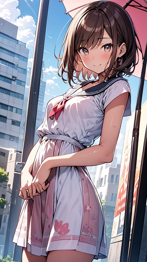 highest quality, masterpiece, Ultra-high resolution, 8k,Summer sky,Under the blazing sun,((Cool summer clothes)),Show anime style , One, Soft Line Art, Digital Enhancement, shojo anime touch, shojo manga core, Flowing fabric, close, Soft Drawing, Ultra-Definition Digital Anime Art, Clear facial depiction, Super detailed girl cartoon character art, Ultra-detailed manga style, highest qualityの色,
(Short brown hair), Wet Hair,Staring at us from the front,Beautiful brown hair, Clear brown eyes, Slightly chubby,Small breasts,The butt is small,(((Teasing Smile))),Hands,Urban buildings,Use a cute patterned parasol,Intense sunlight,Look up at the sky