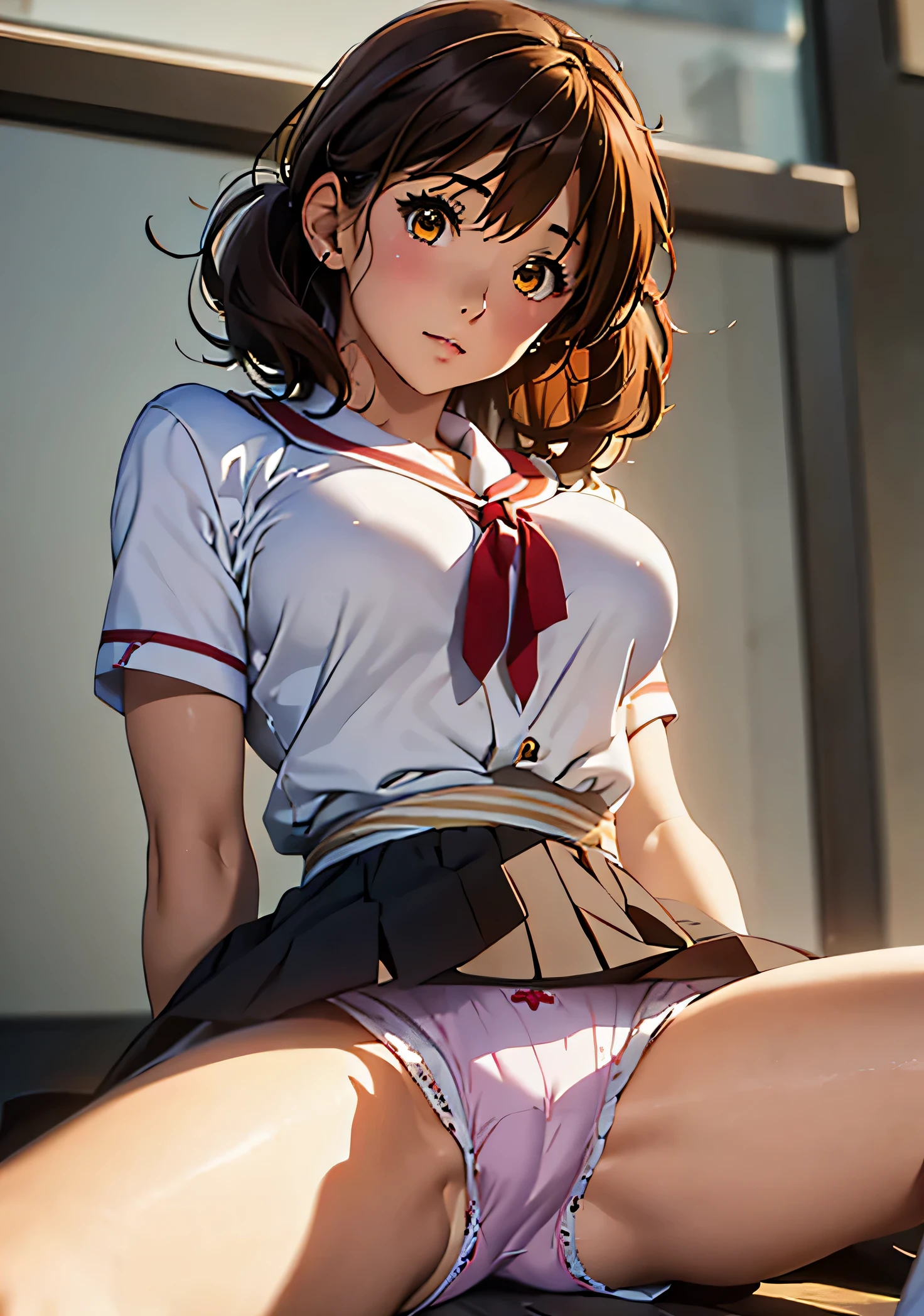 (((masterpiece))), (((High resolution)))、(((8K quality)))、(((Perfect Face)))、Looking into the camera, ((highest qualityの目)), (Detailed face), (Detailed Texture), ((Big Breasts:1.5)), Stiff shoulder, Kumiko Oumae, high school girl, , Sailor suit, Red ribbon, (Black pleated skirt:1.2), mini skirt, Blue sailor collar), (Brown eyes:1.5), Brown Hair, (Big Breasts:1.5), (short hair:1.3), (Wavy Hair), Hot face, Blushing,Dutch Angle, Angle from below, ((Smooth texture:0.75, Realistic texture:0.65, Realistic:1.1, Anime CG Style)), (highest quality, masterpiece, Highest Details) , highest quality,masterpiece,reality:0.8,One girl ,,Rich background,((spread legs:1.5)),((Sitting:1.1)), ((Showing panties:1.3)), ((Arms above head:1.2))