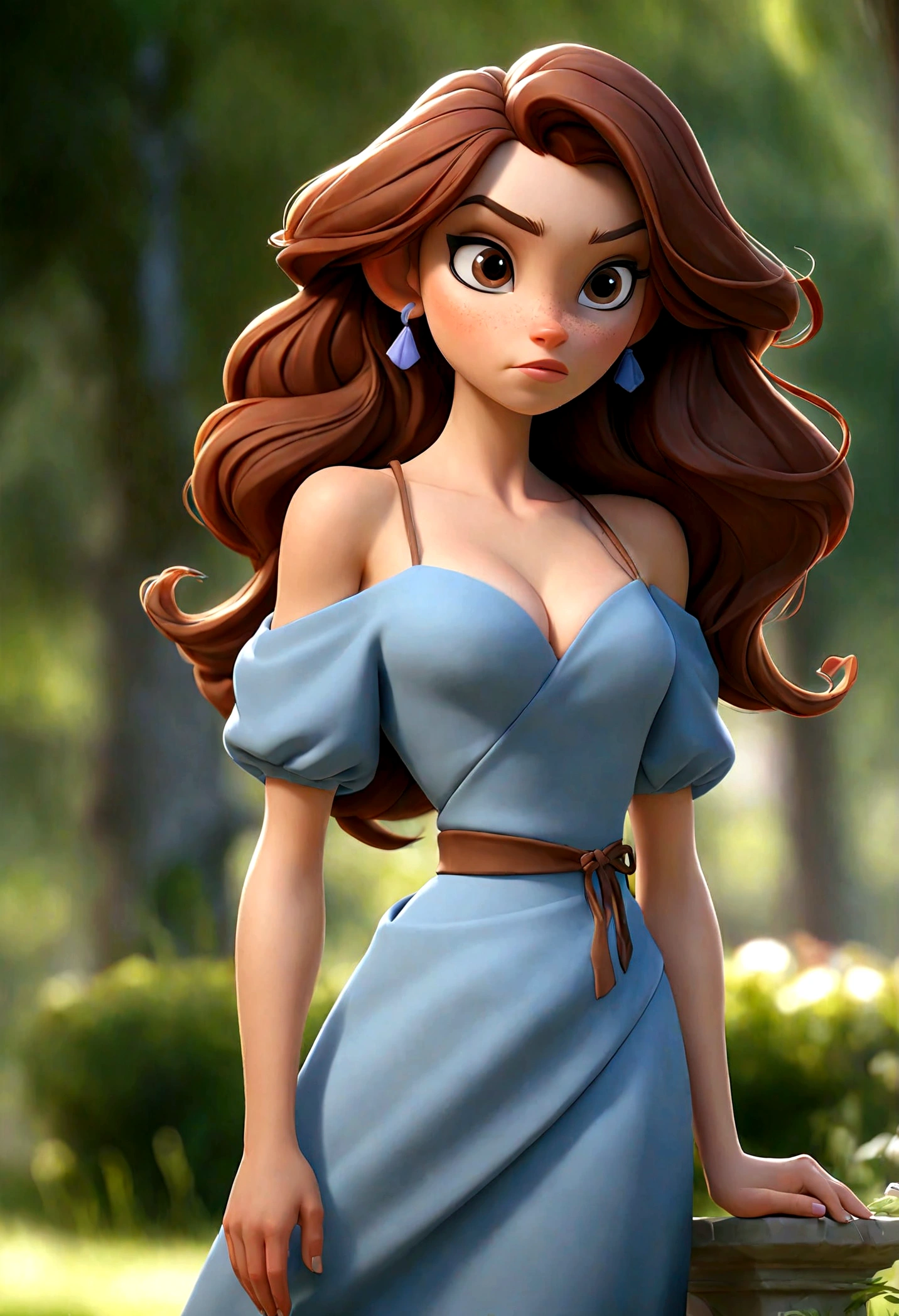 (Best quality, high resolution: 1.2), Ultra-detailed, (Realistic: 1.37) brunette, médium brown hair, brown eyes, small cheast, 30 years, full body, with a sexy blue dress in a park