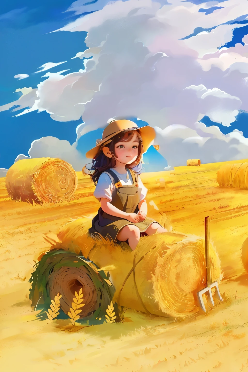 In the fields, There is a cartoon cute  sitting on a haystack, Cute numbers, A beautiful artistic illustration, in a wheat field, Beeple 和 Jeremiah Ketner, in field high resolution, Lovely artwork, Lovely and detailed digital art,  Digital fantasy illustration