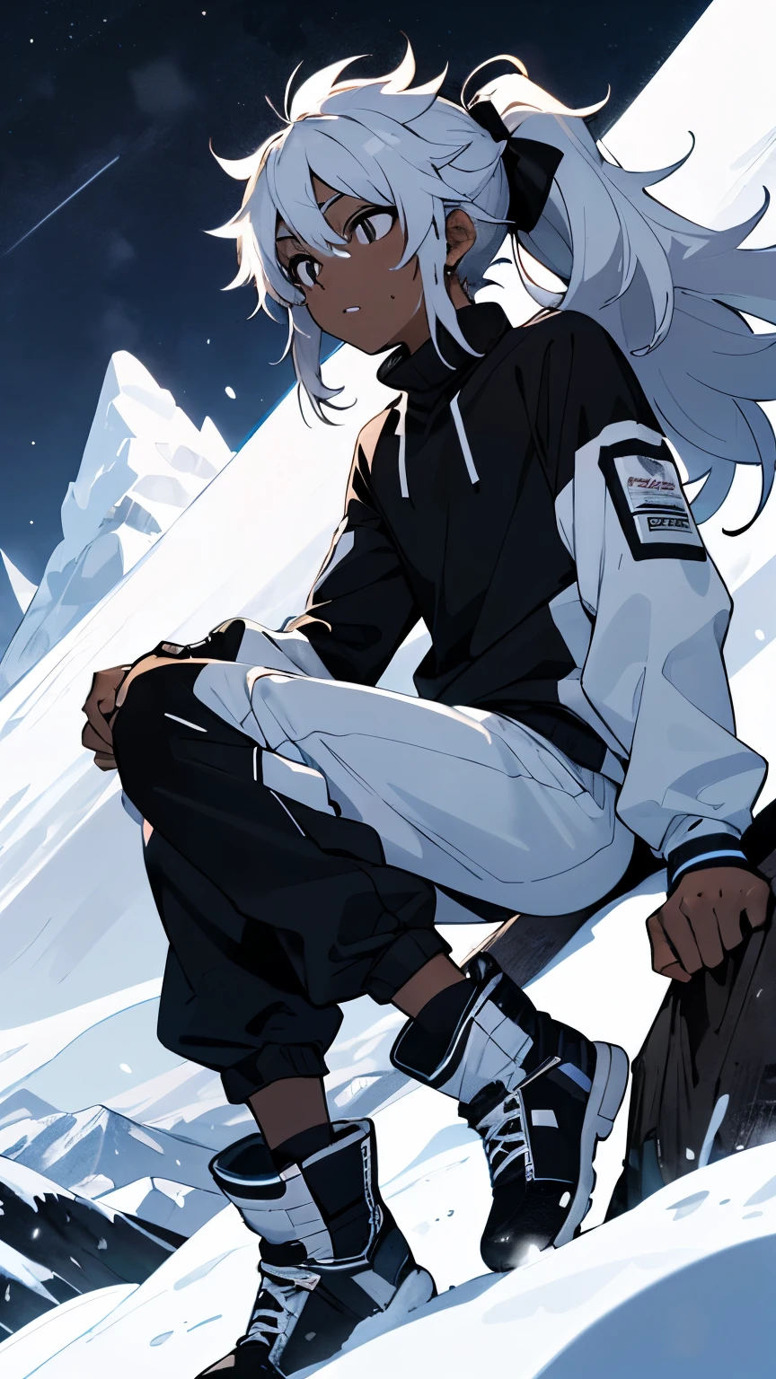 Young Male, dark skin, long hair, white and black two color hair, messy hair, hair with ponytail, black eyes, white long-sleeved high-neck blouse, white sweatpants, black snow boots, on a mountain at night