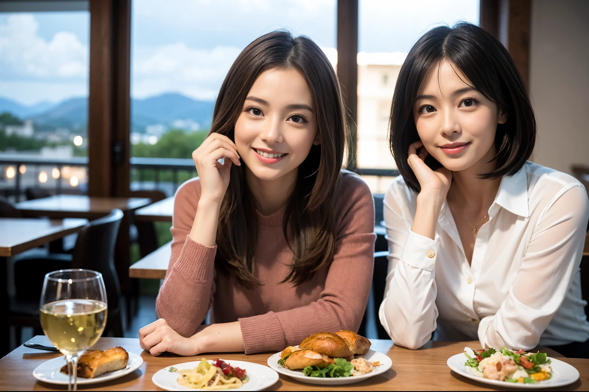 ((highest quality、8k、masterpiece:1.3))、1 male、1 female、Satomi Ishihara lookalike couple、Spouse、Couple、The body is slim、((Bob Hale、Straight hair:1.2)), (Realistic, Intricate details:1.2), Wine glass on the table、Shine light on your face、 Amazing view of the sunset sky and clouds、Amazing mountain views、A bright smile、The wonderfulness of smile、Bright image、The beauty of wine, Beautiful Face, blue eyes, The light shines on your face, Blushing, short hair,Bright Face、 (Age 37), 39 years old, red wine 、Appetizers、Italian food、Wine bottle、Champagne、sparkling wine、Two beauties、Brown Hair、Shortcuts、Long sleeve shirt、dress、Pretty Woman 1, (Slim face), (The body is slim), (Brown Hair), (Shortcuts), cheeks turn a little red,Attractive beauty、restaurant, In a prominent place (From the waist up) Nova Frog Style, actress, model, Upper Body, White wine, slim, wine glass, A wine glass placed in the center, smile, (smile: 1.15), Beautiful fine grain, Depth f/2,saturation, High Contrast, Strong light and shadow,Moist Body:1.5、3D texture、Delicate eyes、Brown Hair、The hair is very shiny、