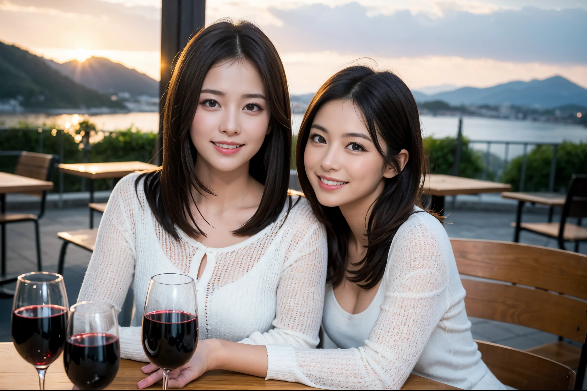 ((highest quality、8k、masterpiece:1.3))、1 male、1 female、Satomi Ishihara lookalike couple、Spouse、Couple、The body is slim、((Bob Hale、Straight hair:1.2)), (Realistic, Intricate details:1.2), Wine glass on the table、Shine light on your face、 Amazing view of the sunset sky and clouds、Amazing mountain views、A bright smile、The wonderfulness of smile、Bright image、The beauty of wine, Beautiful Face, blue eyes, The light shines on your face, Blushing, short hair,Bright Face、 (Age 37), 39 years old, red wine 、Appetizers、Italian food、Wine bottle、Champagne、sparkling wine、Two beauties、Brown Hair、Shortcuts、Long sleeve shirt、dress、Pretty Woman 1, (Slim face), (The body is slim), (Brown Hair), (Shortcuts), cheeks turn a little red,Attractive beauty、restaurant, In a prominent place (From the waist up) Nova Frog Style, actress, model, Upper Body, White wine, slim, wine glass, A wine glass placed in the center, smile, (smile: 1.15), Beautiful fine grain, Depth f/2,saturation, High Contrast, Strong light and shadow,Moist Body:1.5、3D texture、Delicate eyes、Brown Hair、The hair is very shiny、
