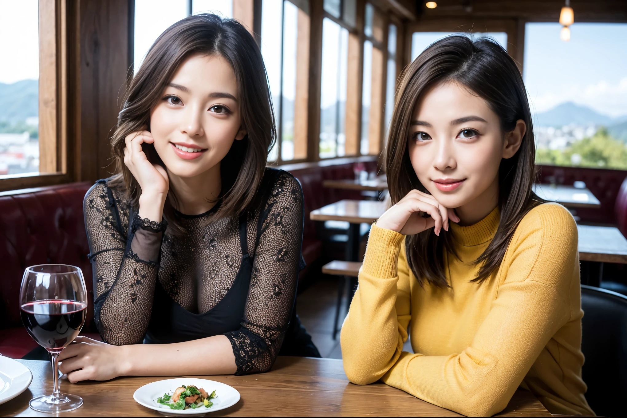 ((highest quality、8k、masterpiece:1.3))、1 male、1 female、Satomi Ishihara lookalike couple、Spouse、Couple、The body is slim、((Bob Hale、Straight hair:1.2)), (Realistic, Intricate details:1.2), Wine glass on the table、Shine light on your face、 Amazing view of the sunset sky and clouds、Amazing mountain views、A bright smile、The wonderfulness of smile、Bright image、The beauty of wine, Beautiful Face, blue eyes, The light shines on your face, Blushing, short hair,Bright Face、 (Age 37), 39 years old, red wine 、Appetizers、Italian food、Wine bottle、Champagne、sparkling wine、Two beauties、Brown Hair、Shortcuts、Long sleeve shirt、dress、Pretty Woman 1, (Slim face), (The body is slim), (Brown Hair), (Shortcuts), cheeks turn a little red,Attractive beauty、restaurant, In a prominent place (From the waist up) Nova Frog Style, actress, model, Upper Body, White wine, slim, wine glass, A wine glass placed in the center, smile, (smile: 1.15), Beautiful fine grain, Depth f/2,saturation, High Contrast, Strong light and shadow,Moist Body:1.5、3D texture、Delicate eyes、Brown Hair、The hair is very shiny、