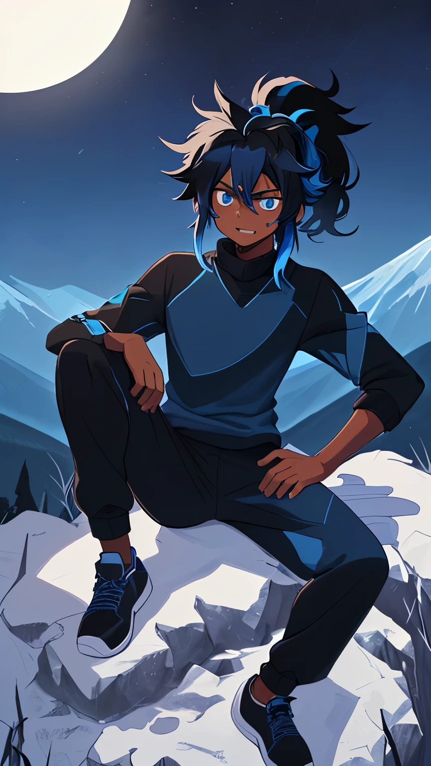 Young male, dark skin, black hair with blue highlights, messy hair, long hair, hair with ponytail, dark blue eyes, black long-sleeved high-neck blouse, black sweatpants with blue details, on a mountain at night