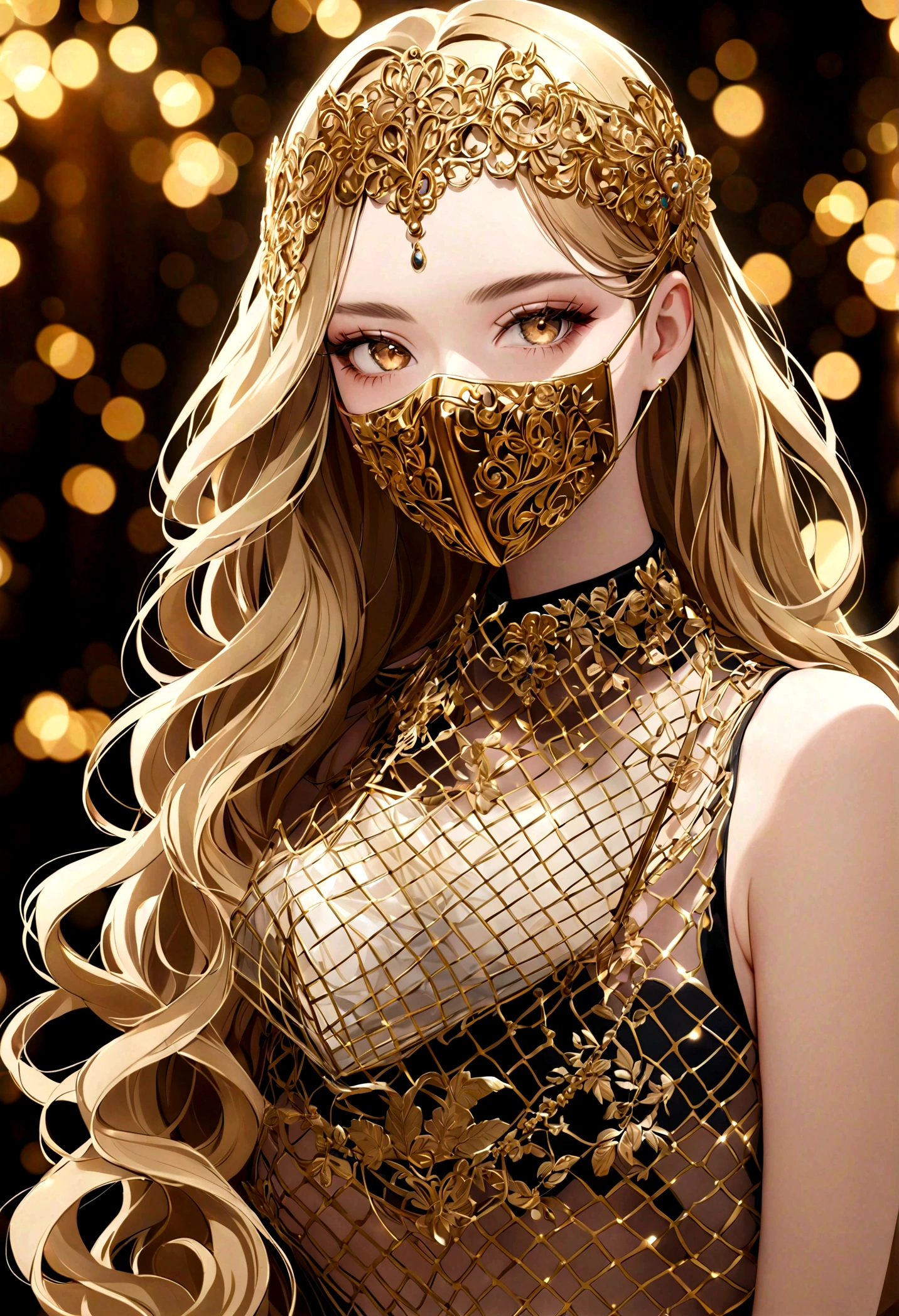 Supermodel,With long curly、fluffy、Flowing hair, Covered in gold (Translucent and beautifully embroidered) (Metal Surgical Mesh Mask) Cover your face, ((Mouth covered)), wearing strange future fashion, Luxurious and sophisticated gold decoration, photography, Complex details, Carefully crafted, meticulous, Gorgeous, Maximum details, Extremely aesthetic, Bokeh, Professional shooting