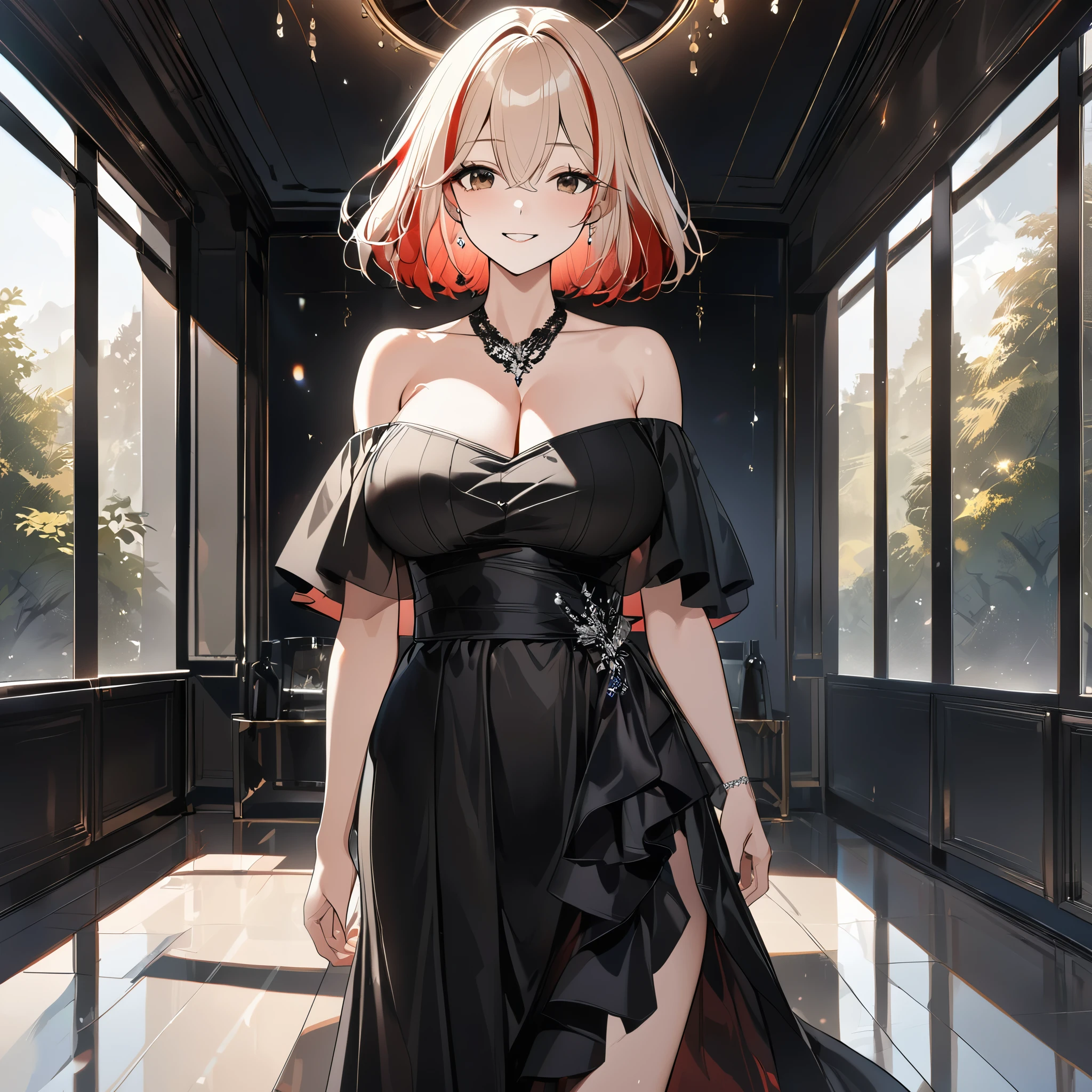 A woman wearing a low-cut black dress, off-shoulder, black heels, short blonde hair, red bangs, (multi-color hair) (KMS_roon azur_lane) brown eyes, walking in a luxury room, gray marble floor, white wall, glass window great luxury overlooking a forest, smiling , big breast, ,close view,,bokeh effect, atmospheric perspective, 8k , super detail, accurate, best quality, award winning, textured skin, high resolution, anatomically correct(solo woman)
