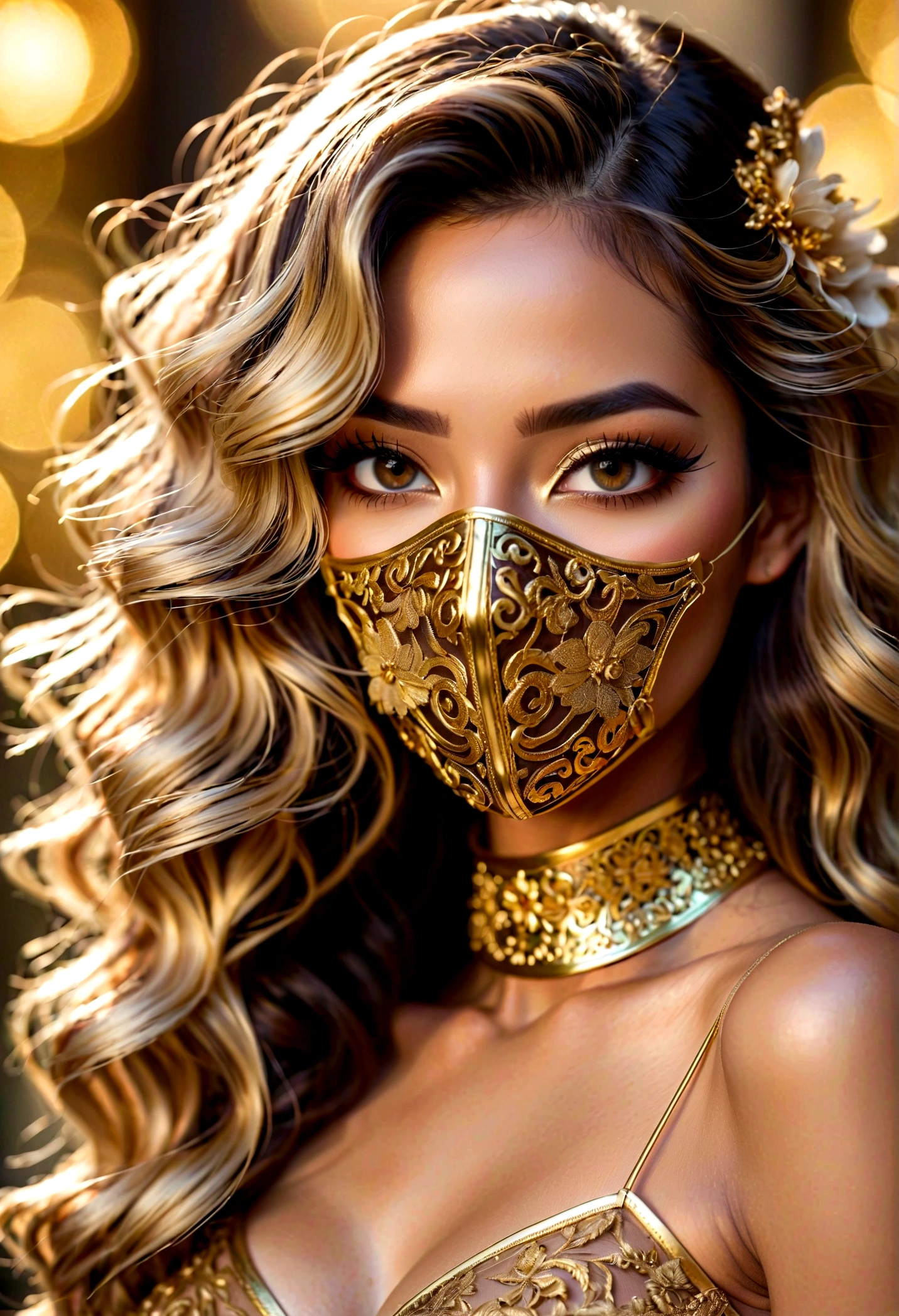 Supermodel，With long curly、fluffy、Flowing hair, Covered in gold (Translucent and beautifully embroidered) (Metal Surgical Mesh Mask) Cover your face, ((Mouth covered)), wearing strange future fashion, Luxurious and sophisticated gold decoration, photography, Complex details, Carefully crafted, meticulous, Gorgeous, Maximum details, Extremely aesthetic, Bokeh, Professional shooting