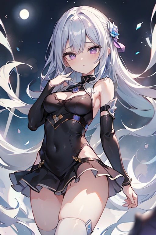 1girl, anime, cute girl, blank background, white background, fantasy, detailed fantasy dress with highlights, beautiful face, beautiful eyes, dark colors, black hair with multicolor streaks, red eye with different color pupil in eye, multicolor eye, medium breasts, slight cleavage, beautiful skin, cute, breast curtains, extremely delicate and beautiful, (beautiful detailed face:1.0), (detailed deep eyes), symmetrical breasts, deep eyes, shiny skin, portrait, slender waist, hips wider than shoulders, thighs, expressionless, young girl, luminous eyes, adorable,(Kpop idol),(aegyo sal:1),(Platinum blonde hair:1),((puffy eye)),Black panty,sexy posture,Superskirt, Ultra-high resolution,Black collar,slim figure, Abdominal y tattoo, womb tattoo,Tight-fitting leg ring,y tattoo on half-body,Bare skin, Armored hand,Hidden fingertips,Hand covered,Arm covered,Fist covered,{{beautiful detailed fingers}}, tufts of hair, moderate beautiful breast:1.0,(masterpiece:1.2), best quality, high-res, HDR, perfect face, intricate armor, delicate blue filigree, intricate filigree, red metalic parts, detailed part, dynamic pose, dynamic lights, cute face, neutral expression, shuimobysim, lotus, hanfu, maxi skirt, dress conservatively 1girl, solo, long blue hair, standing, One lady,14years,((White hair) ,(Shiny purple bodysuit with microskirt),((Fantasy, Moon Night)), gradient_eyes,
